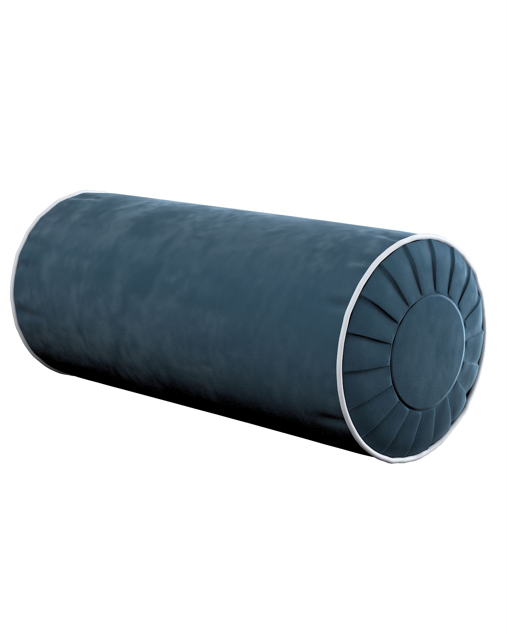 Cylinderpude med folder i velour farve blå stof blank, velour