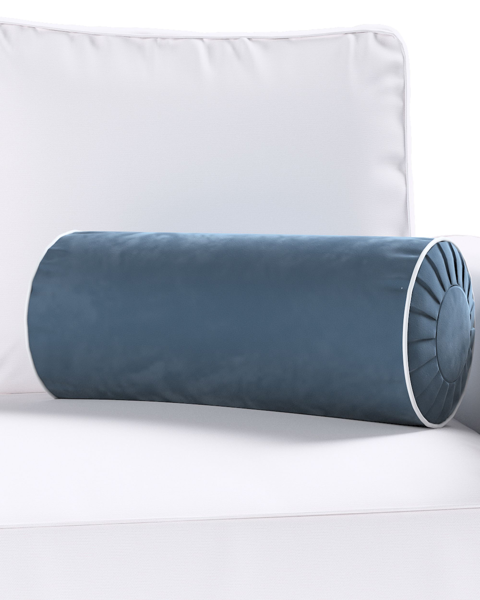 Cylinderpude med folder i velour farve blå stof blank, velour (hover)