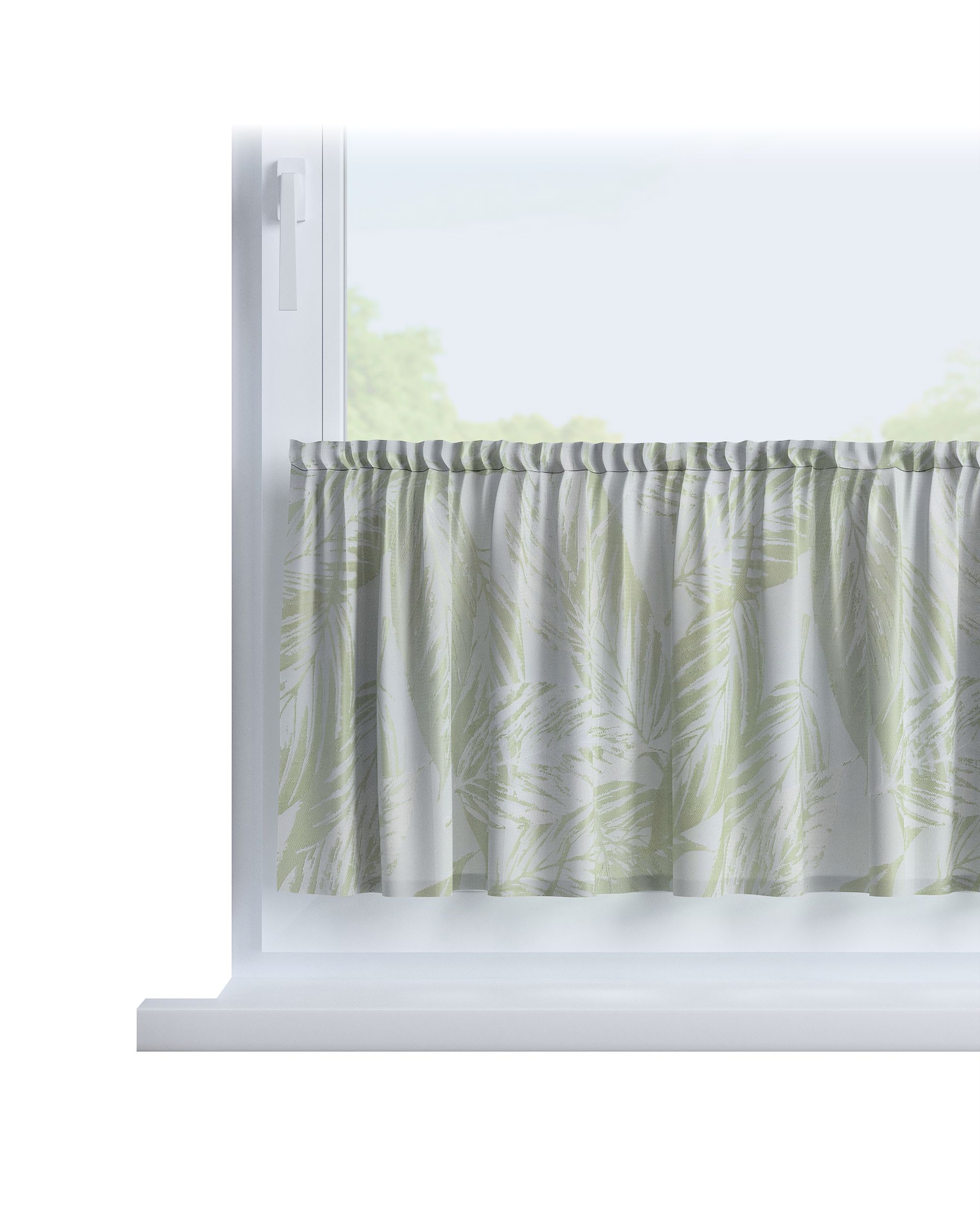 Cafegardin med løbegang H40cm farve grøn stof blank, grov, mønstret