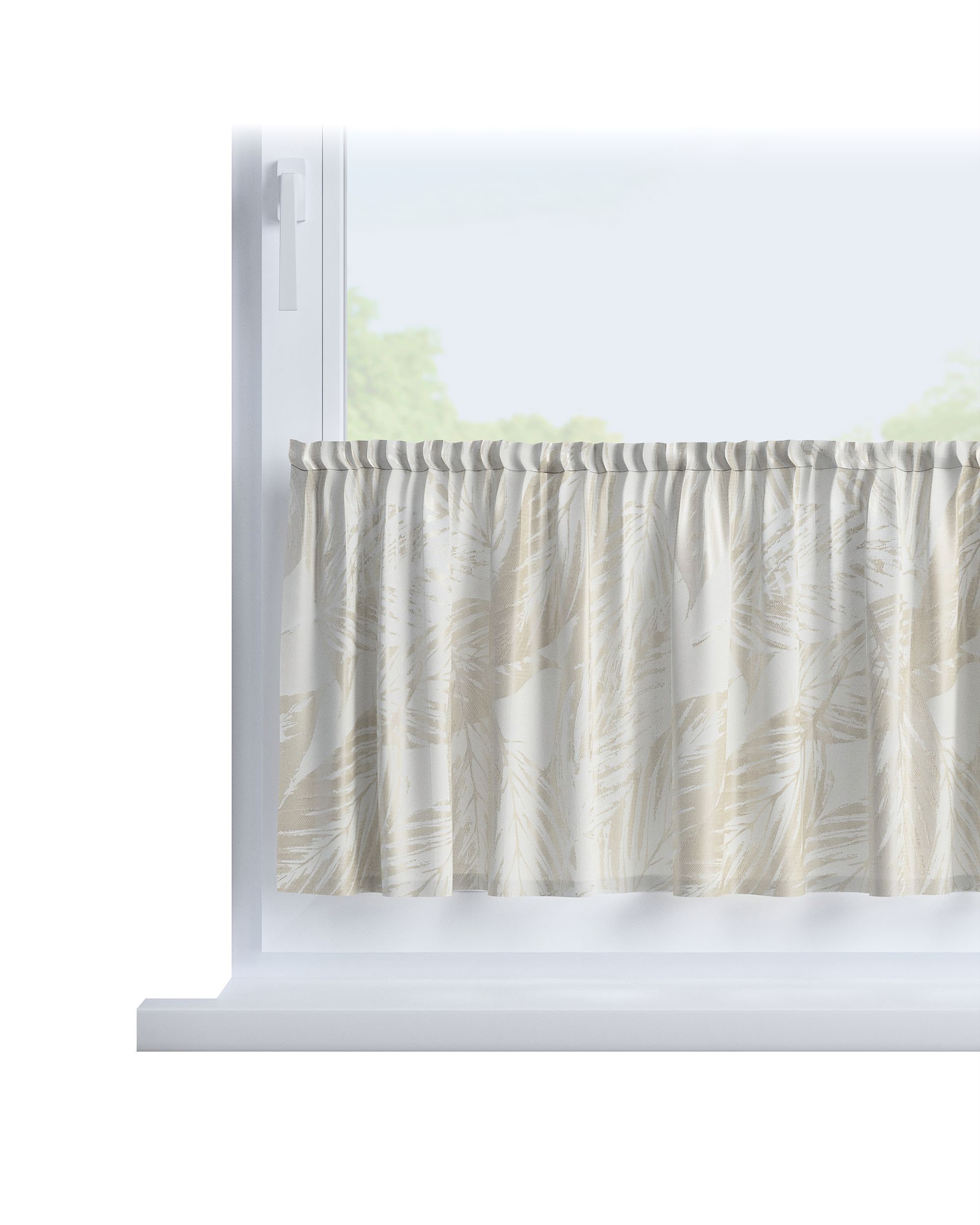Cafegardin med løbegang H40cm farve grøn stof blank, grov, mønstret
