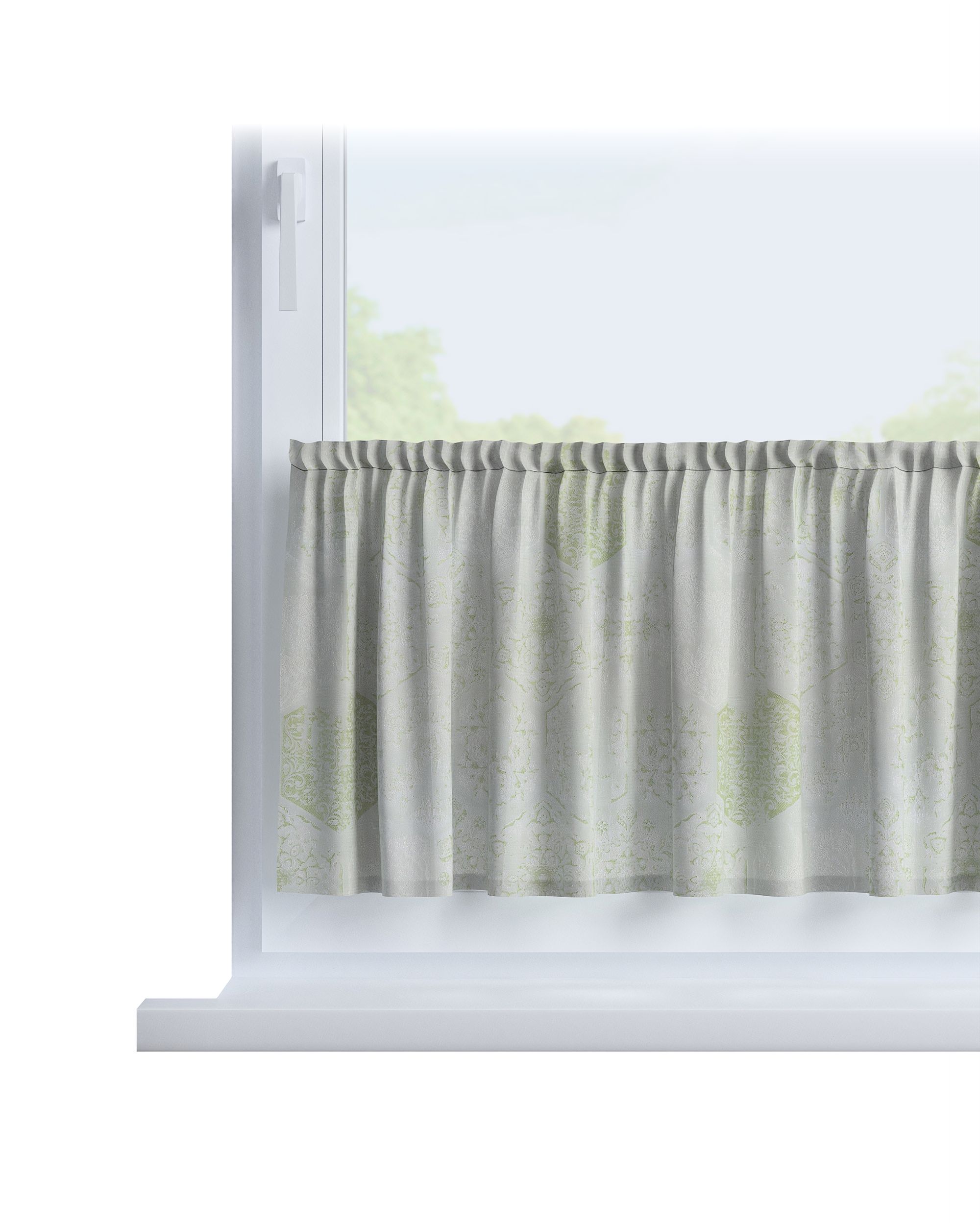 Cafegardin med løbegang H40cm farve grøn stof blank, grov, mønstret