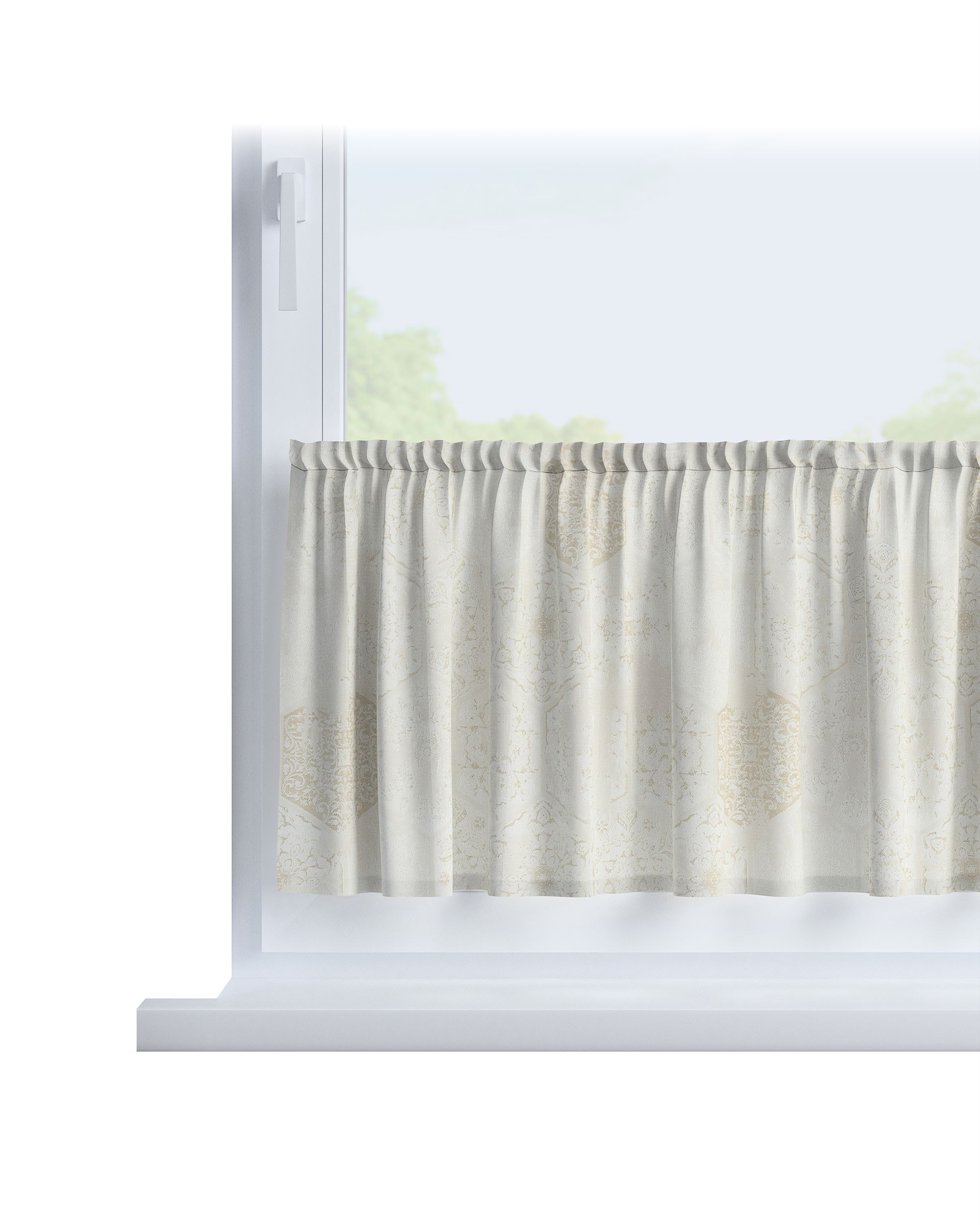 Cafegardin med løbegang H40cm farve creme stof blank, grov, mønstret
