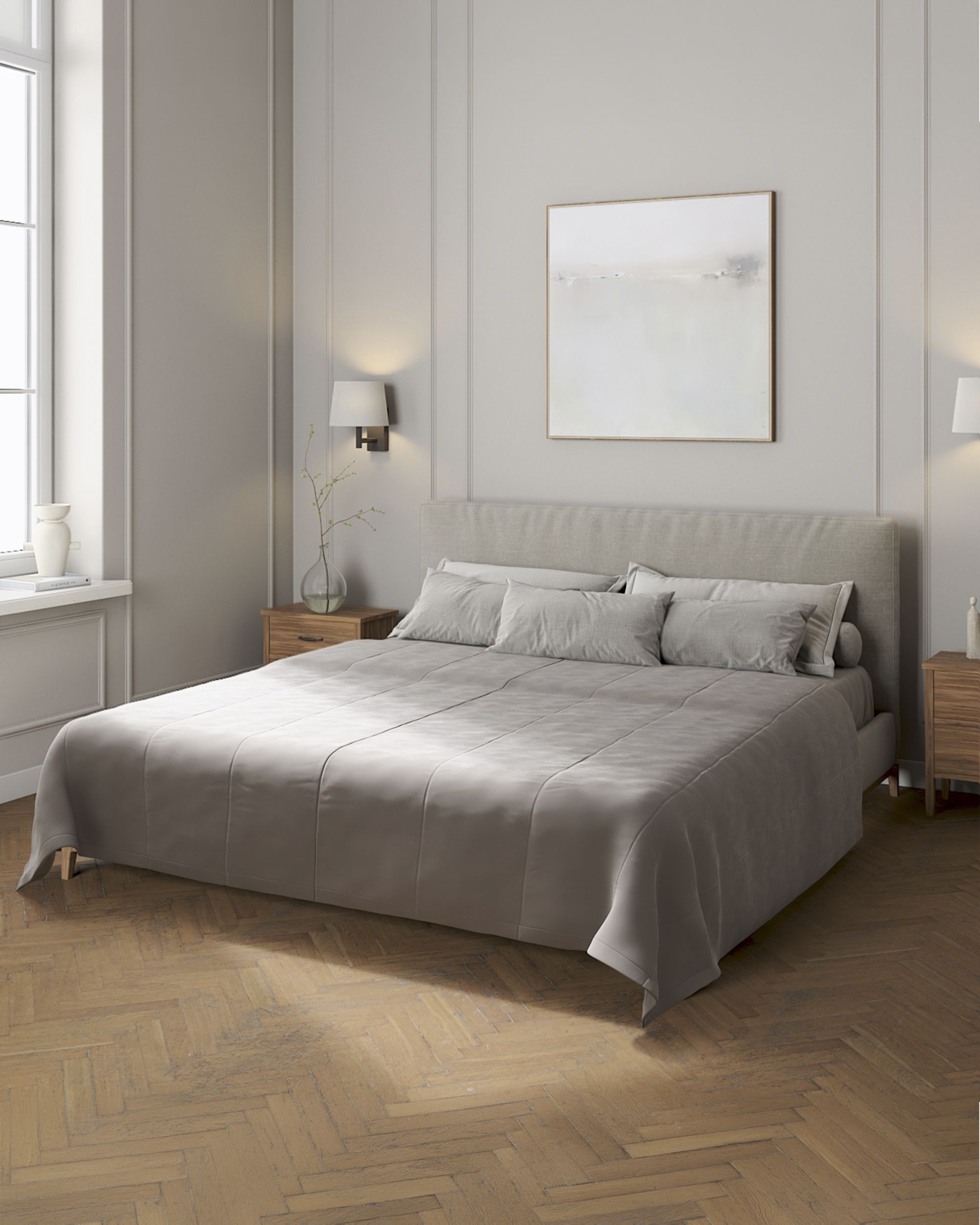 Sengetæppe quiltet<br/>i 25cm striber i velour farve grå stof blank, velour