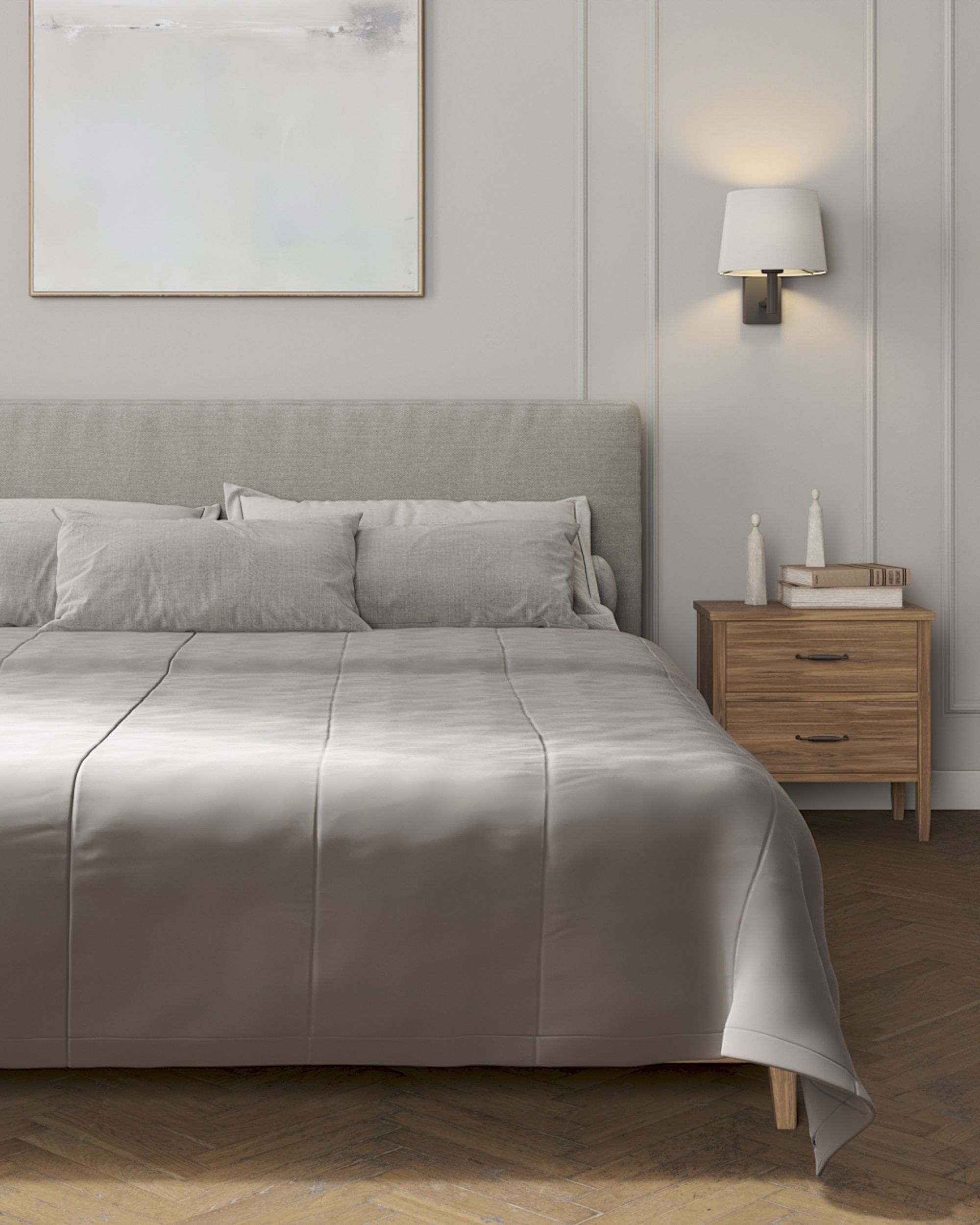 Sengetæppe quiltet<br/>i 25cm striber i velour farve grå stof blank, velour (hover)