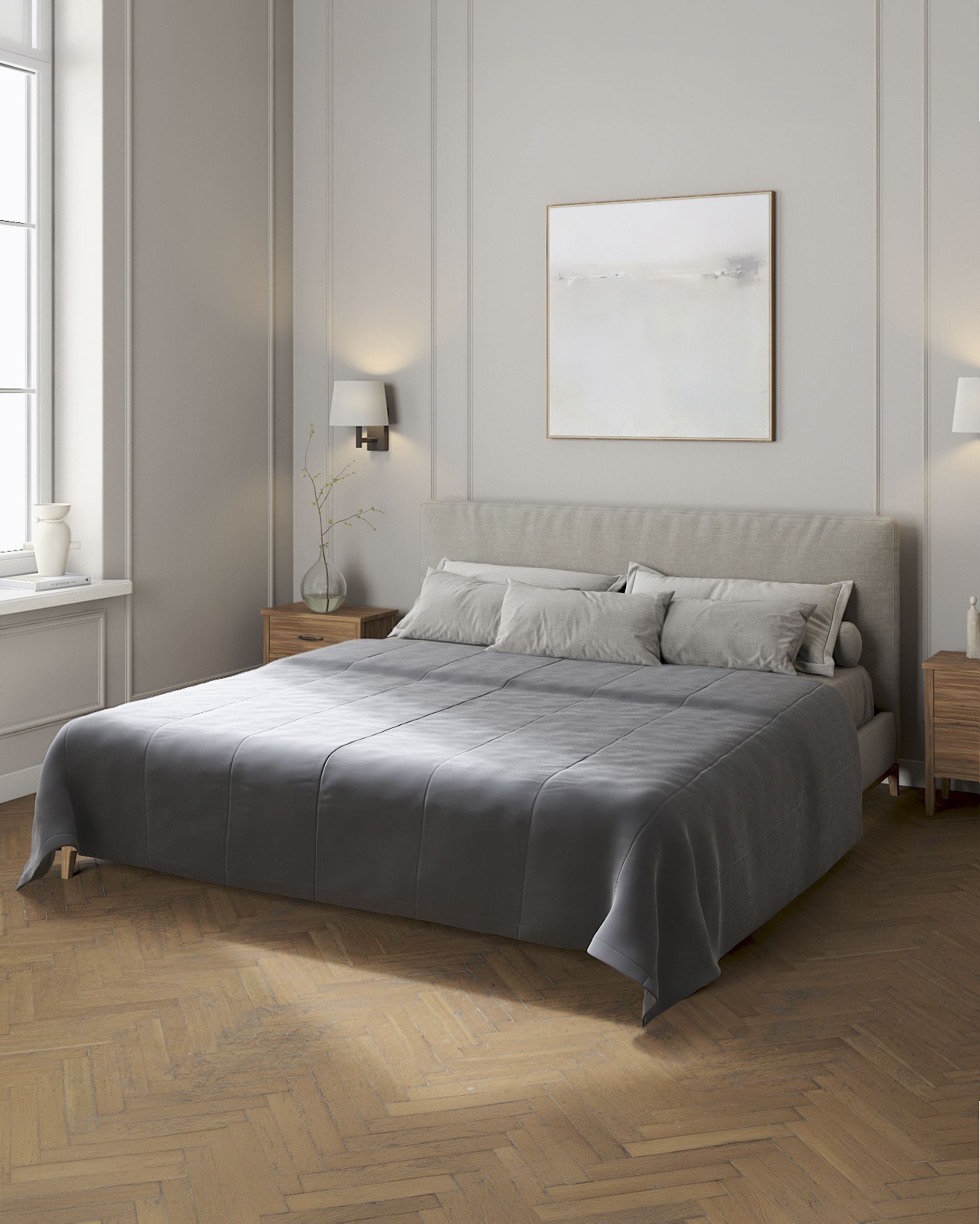Sengetæppe quiltet<br/>i 25cm striber i velour farve grå stof blank, velour