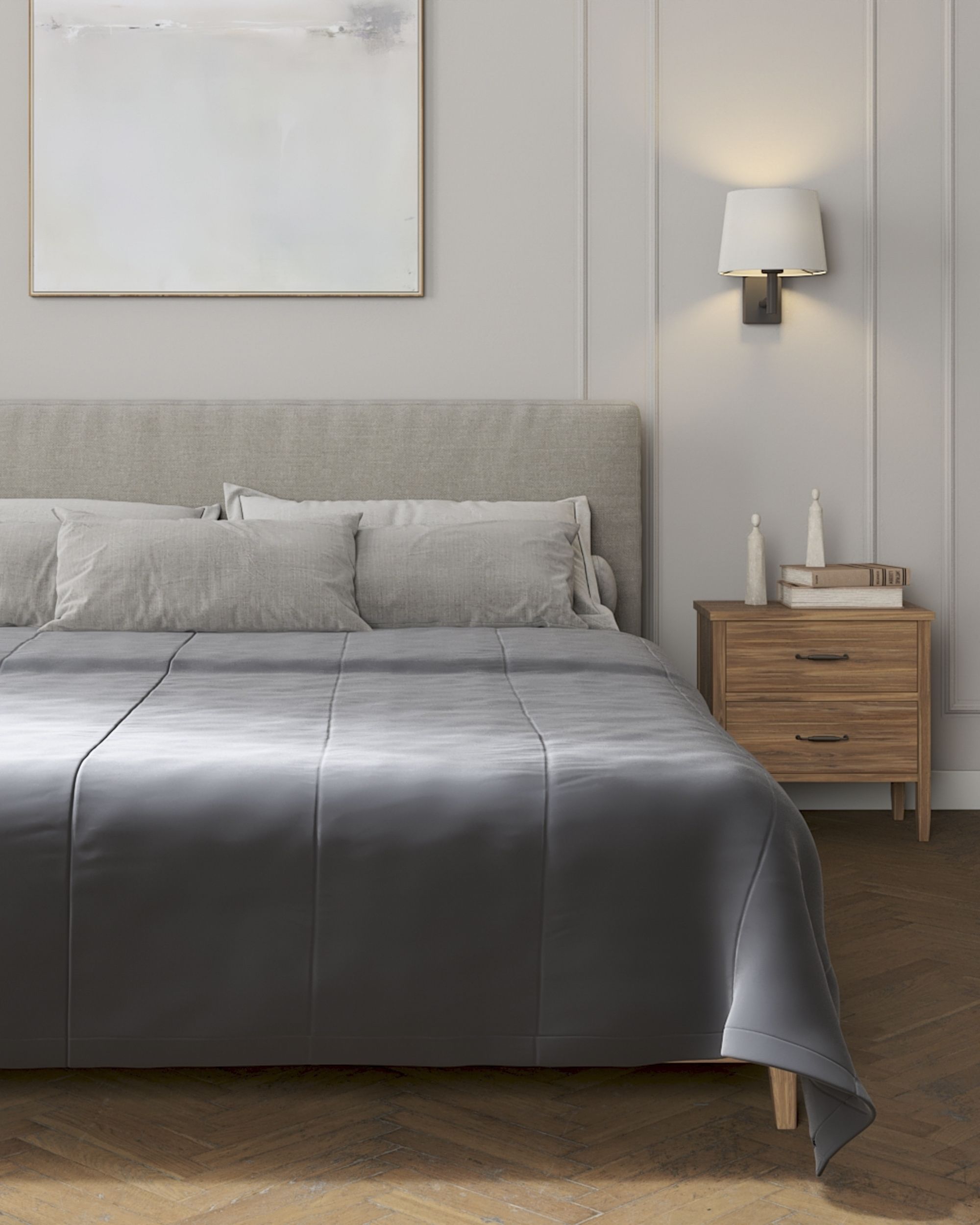 Sengetæppe quiltet<br/>i 25cm striber i velour farve grå stof blank, velour (hover)