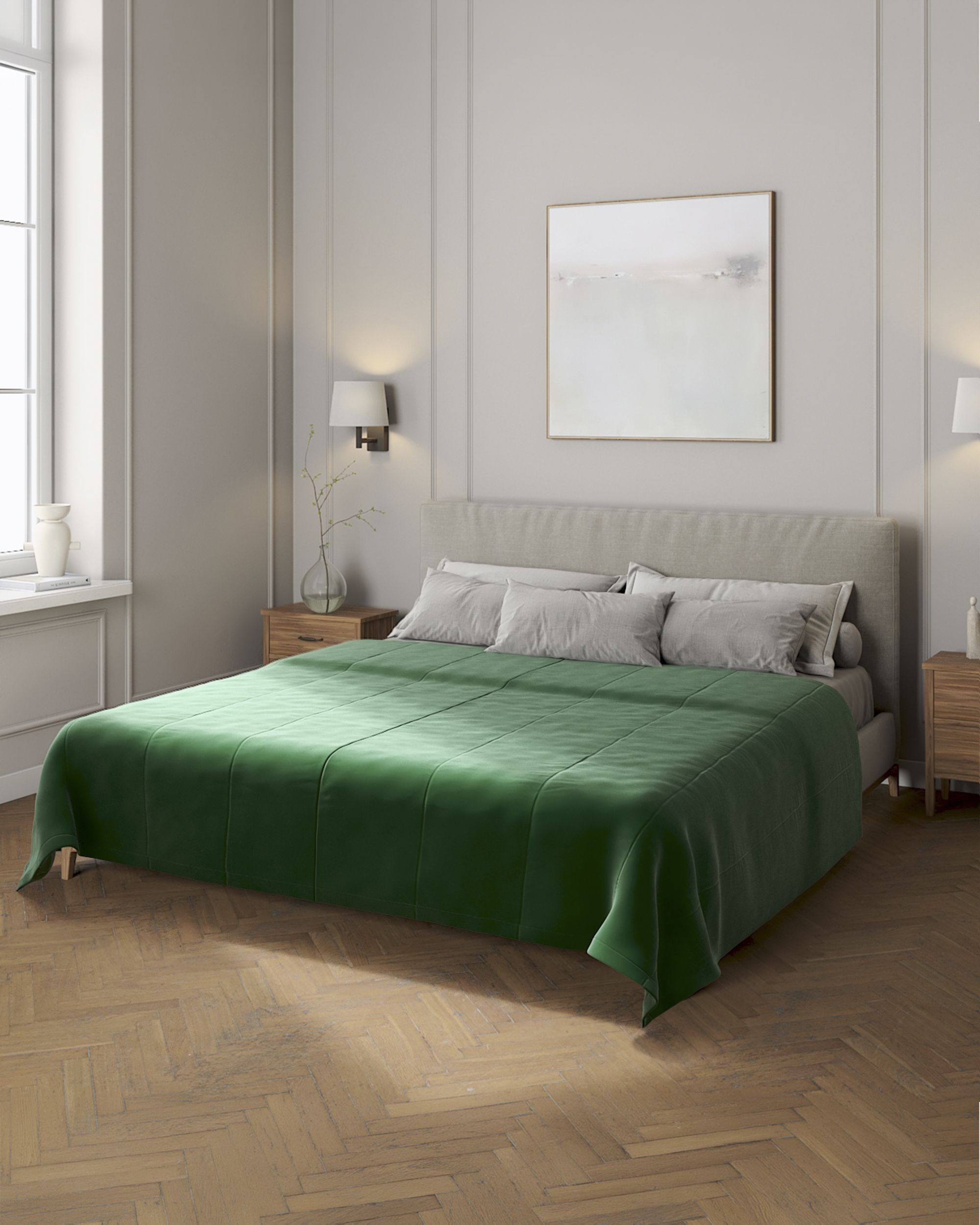 Sengetæppe quiltet<br/>i 25cm striber i velour farve grøn stof blank, velour