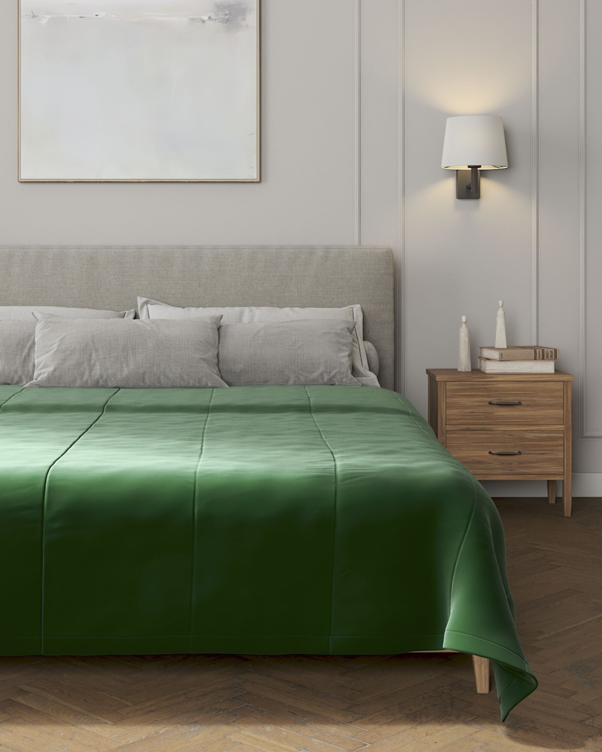 Sengetæppe quiltet<br/>i 25cm striber i velour farve grøn stof blank, velour (hover)