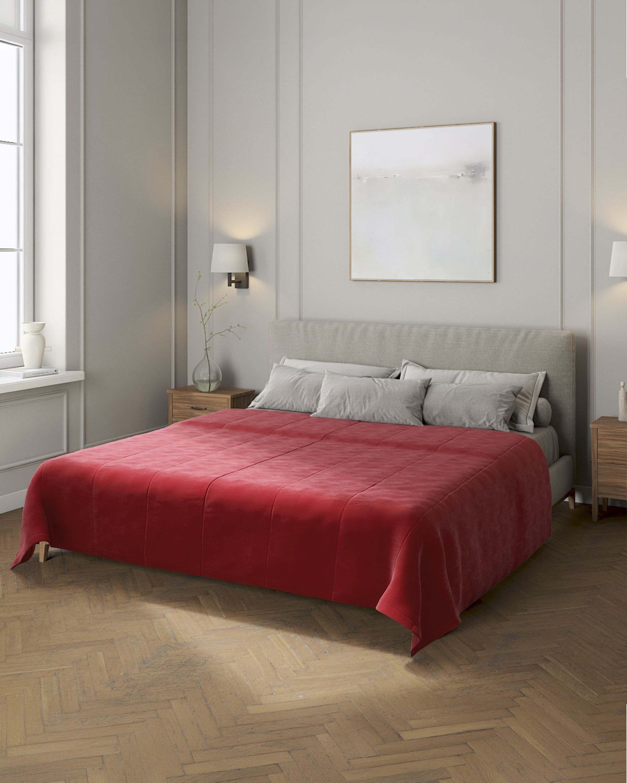 Sengetæppe quiltet<br/>i 25cm striber i velour farve rød stof blank, velour