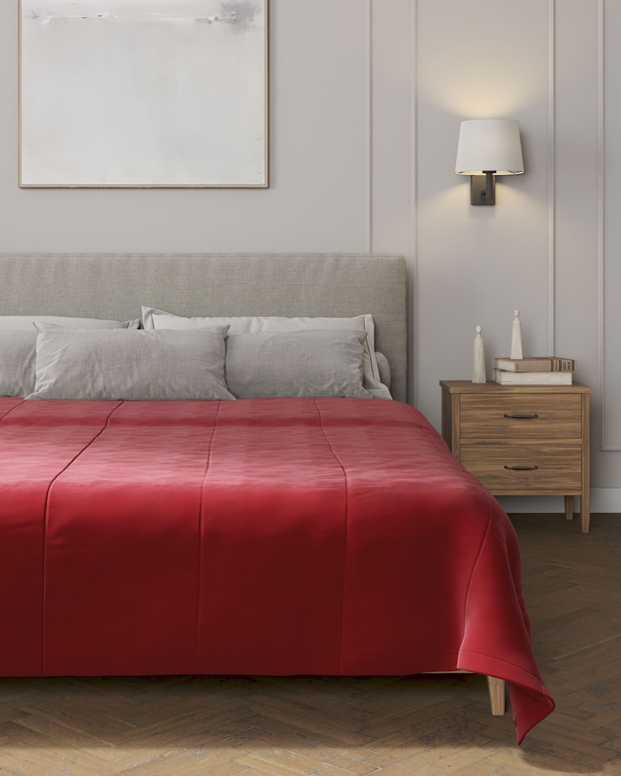 Sengetæppe quiltet<br/>i 25cm striber i velour farve rød stof blank, velour (hover)