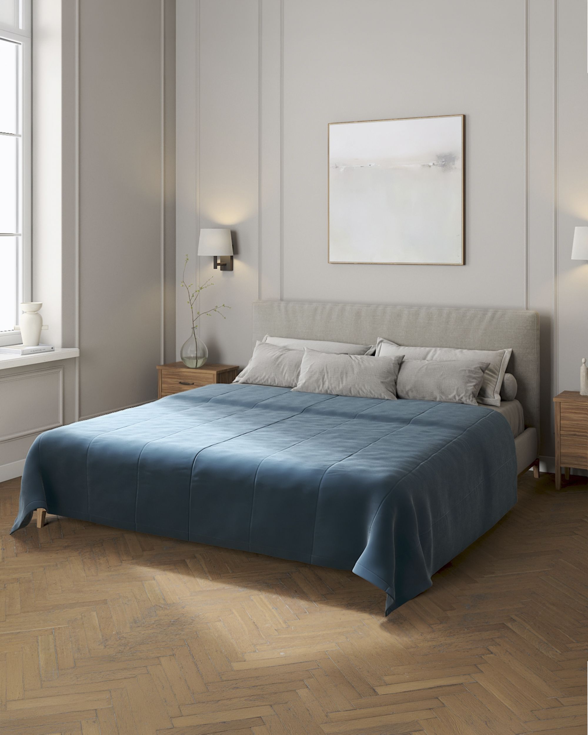 Sengetæppe quiltet<br/>i 25cm striber i velour farve blå stof blank, velour