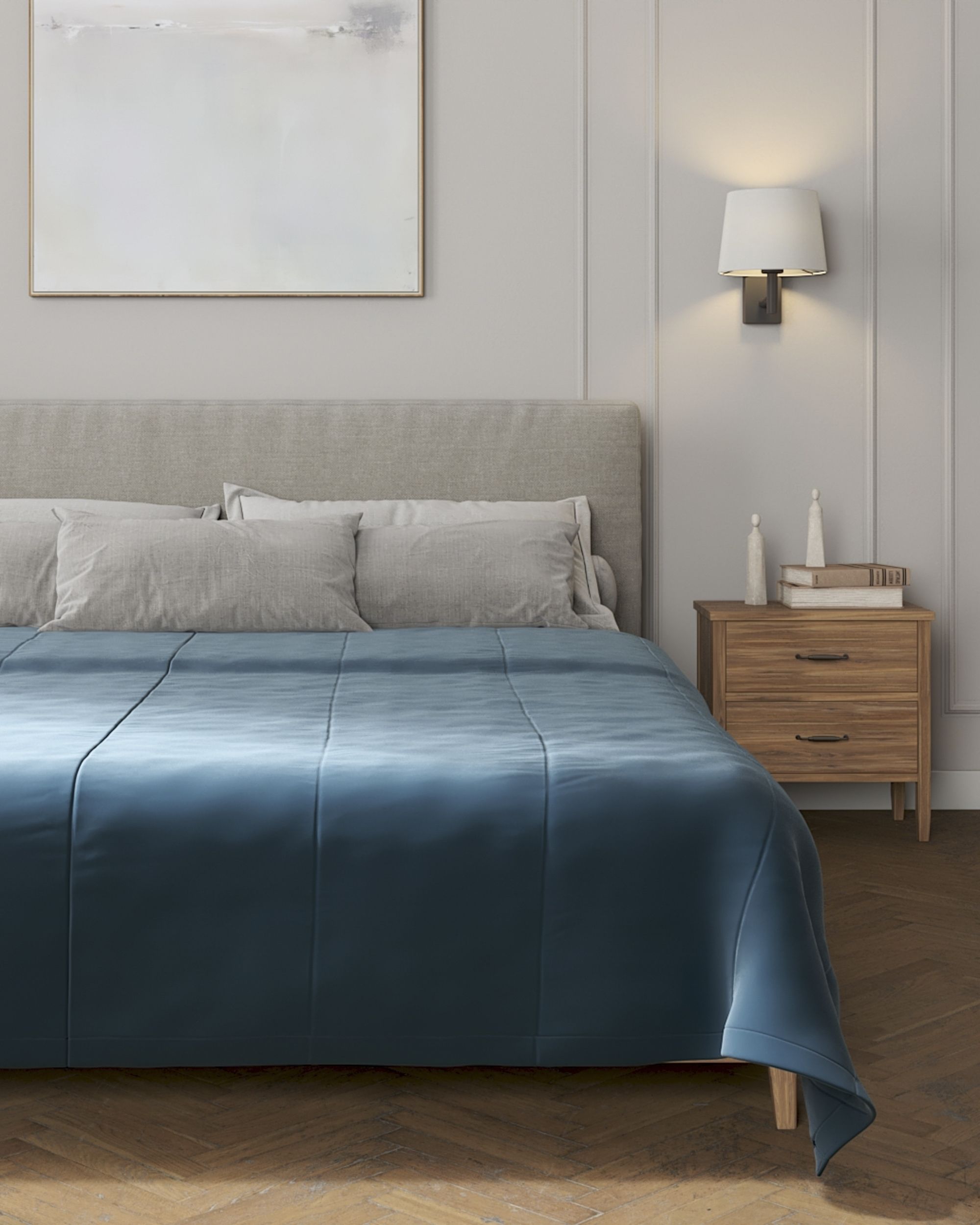 Sengetæppe quiltet<br/>i 25cm striber i velour farve blå stof blank, velour (hover)