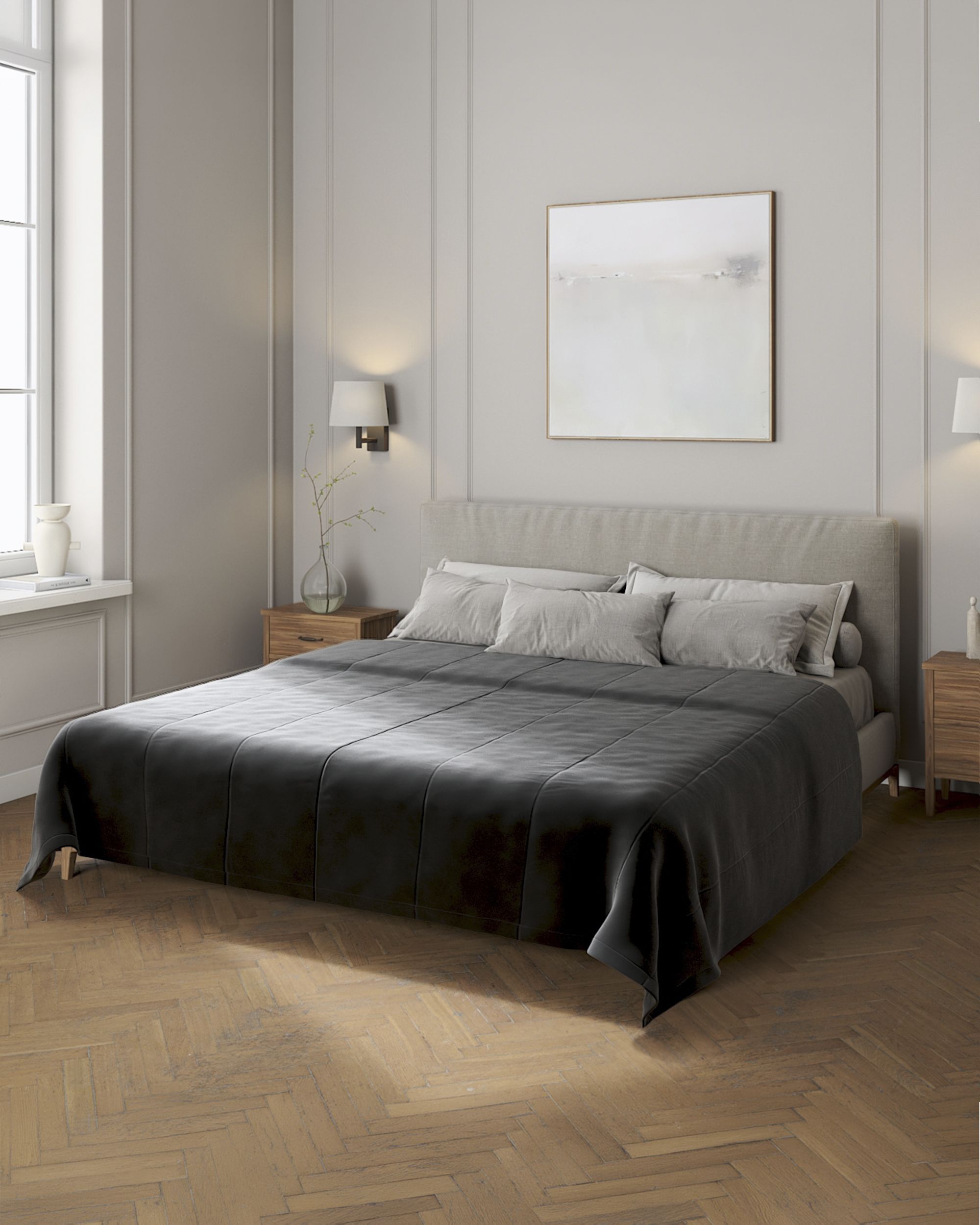 Sengetæppe quiltet<br/>i 25cm striber i velour farve sort stof blank, velour