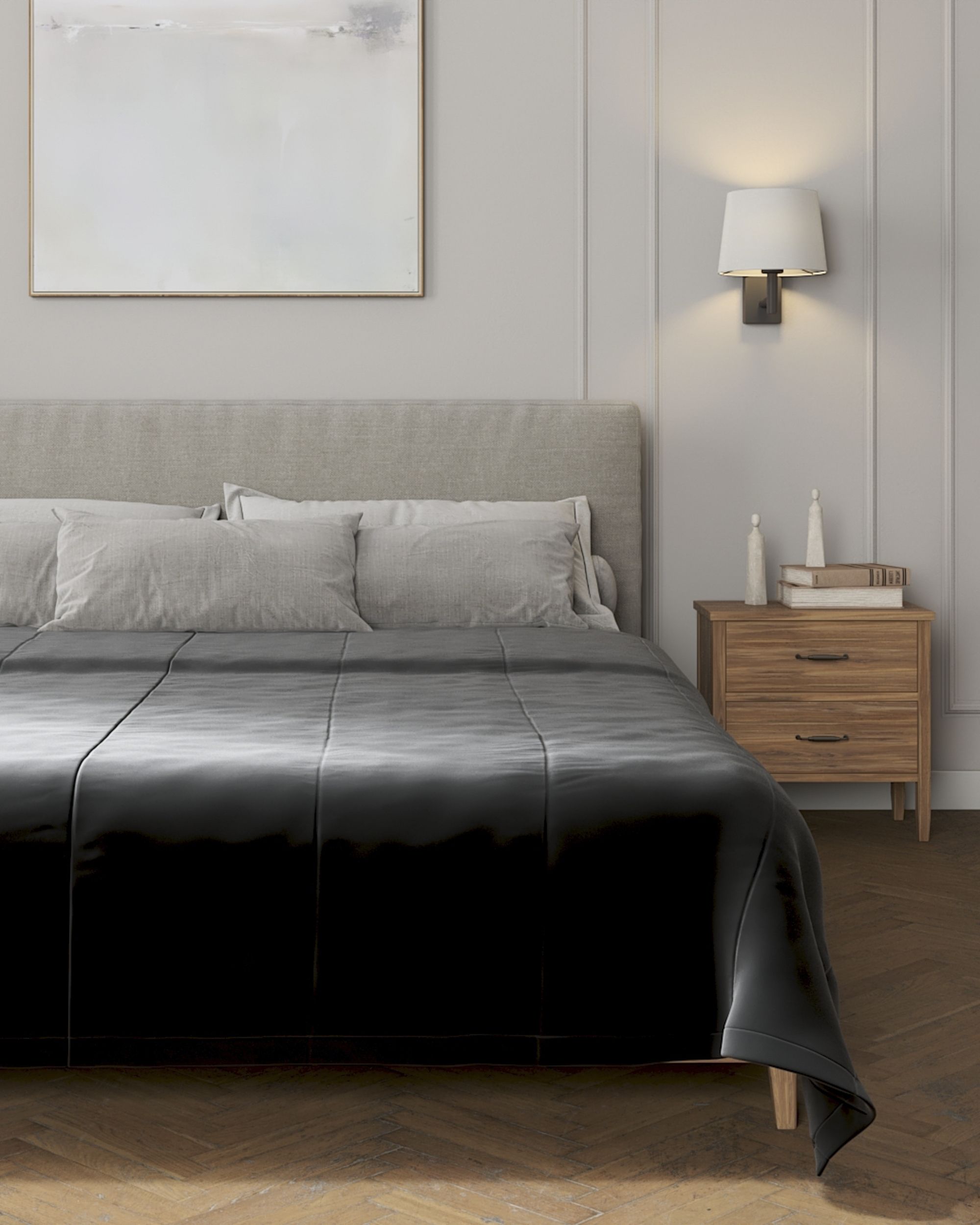Sengetæppe quiltet<br/>i 25cm striber i velour farve sort stof blank, velour (hover)