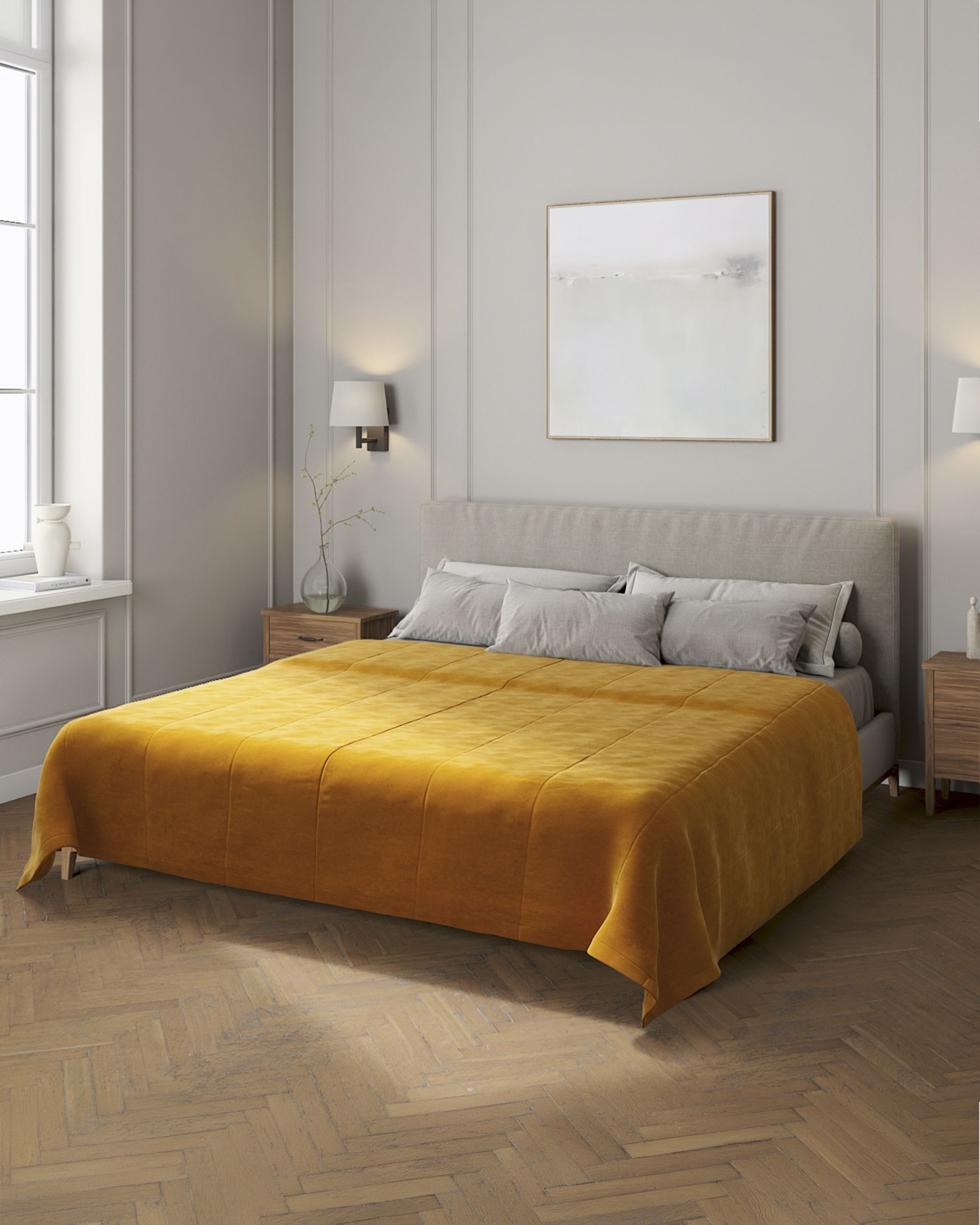 Sengetæppe quiltet<br/>i 25cm striber i velour farve gul stof blank, velour