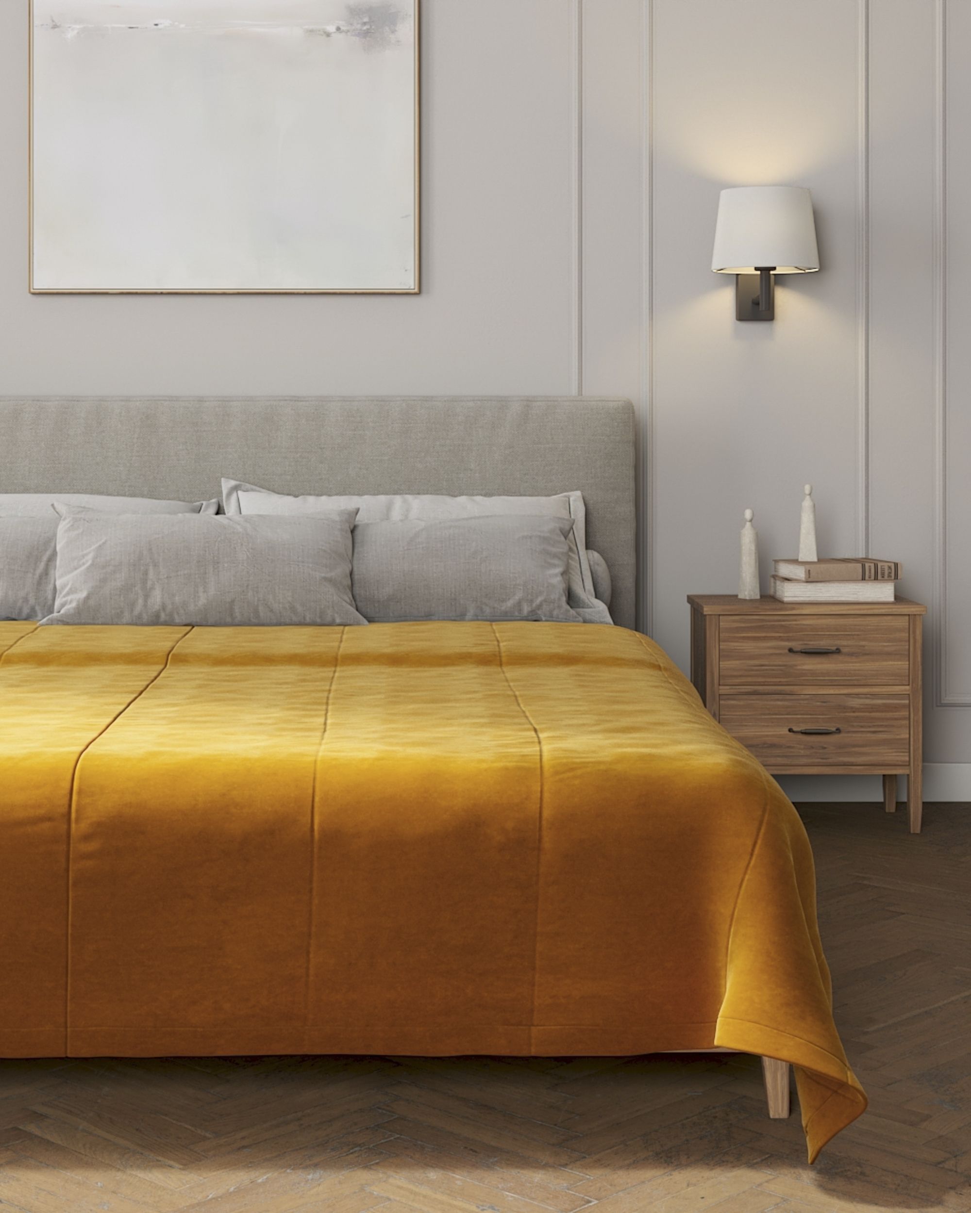 Sengetæppe quiltet<br/>i 25cm striber i velour farve gul stof blank, velour (hover)
