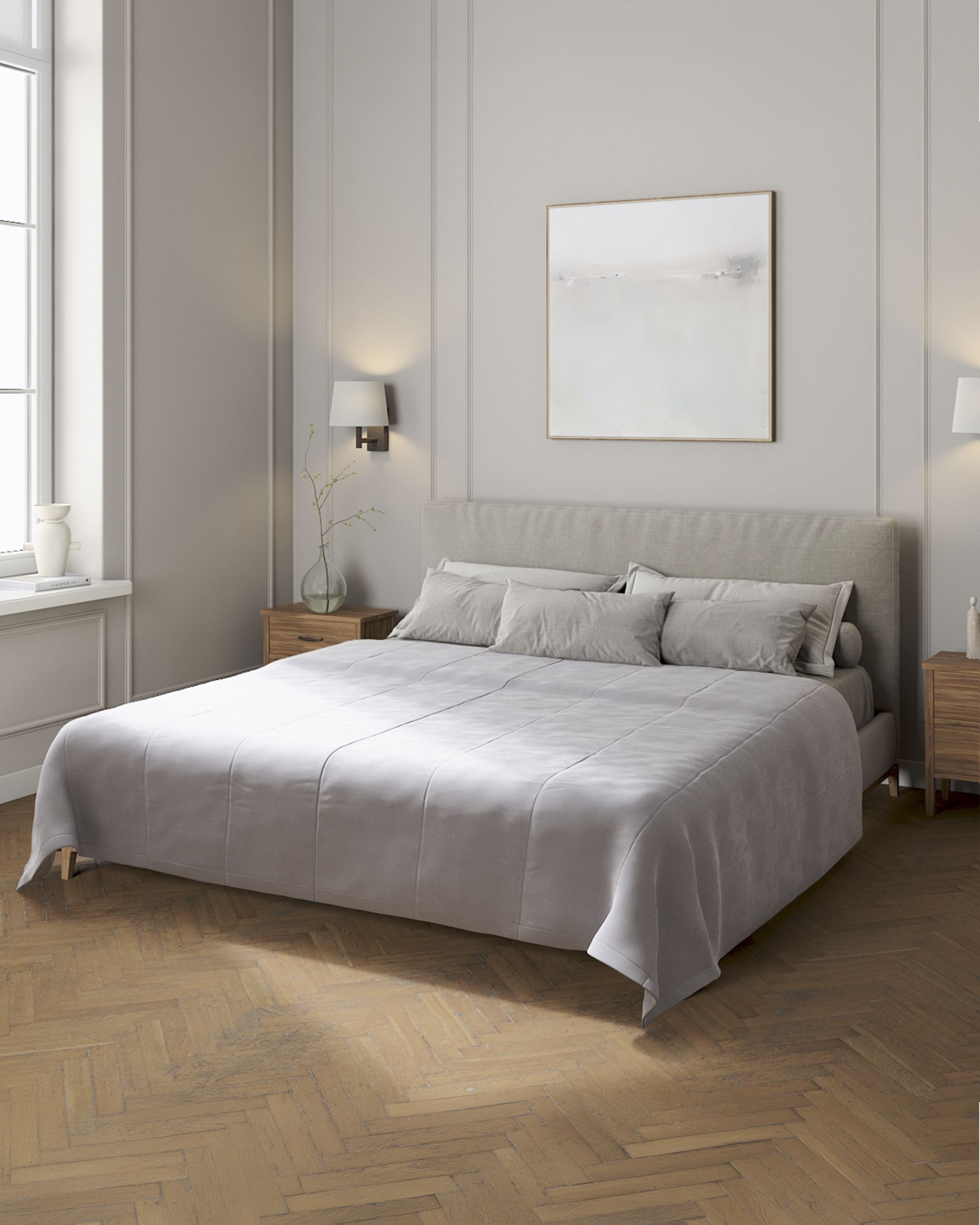 Sengetæppe quiltet<br/>i 25cm striber i velour farve grå stof blank, velour