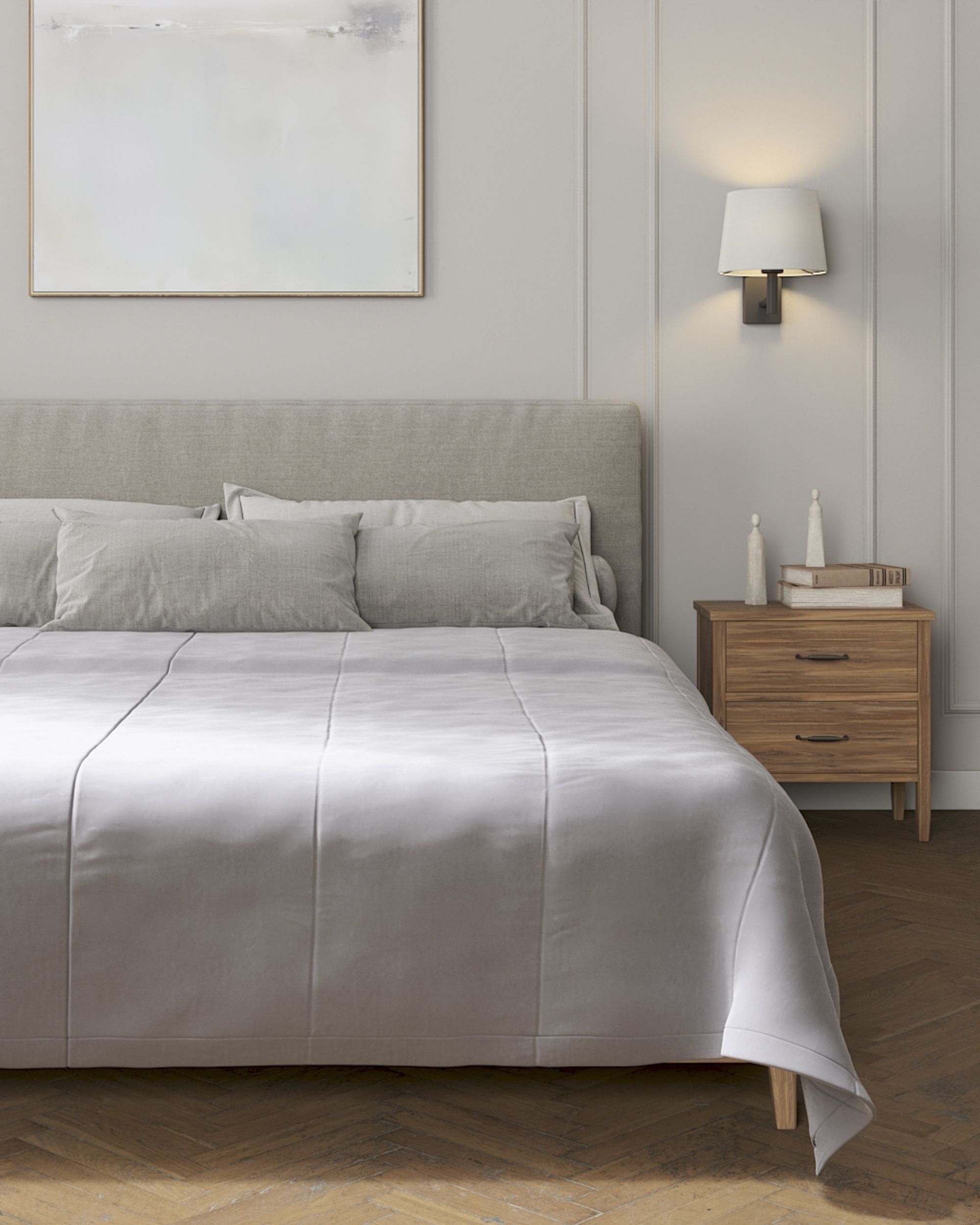 Sengetæppe quiltet<br/>i 25cm striber i velour farve grå stof blank, velour (hover)