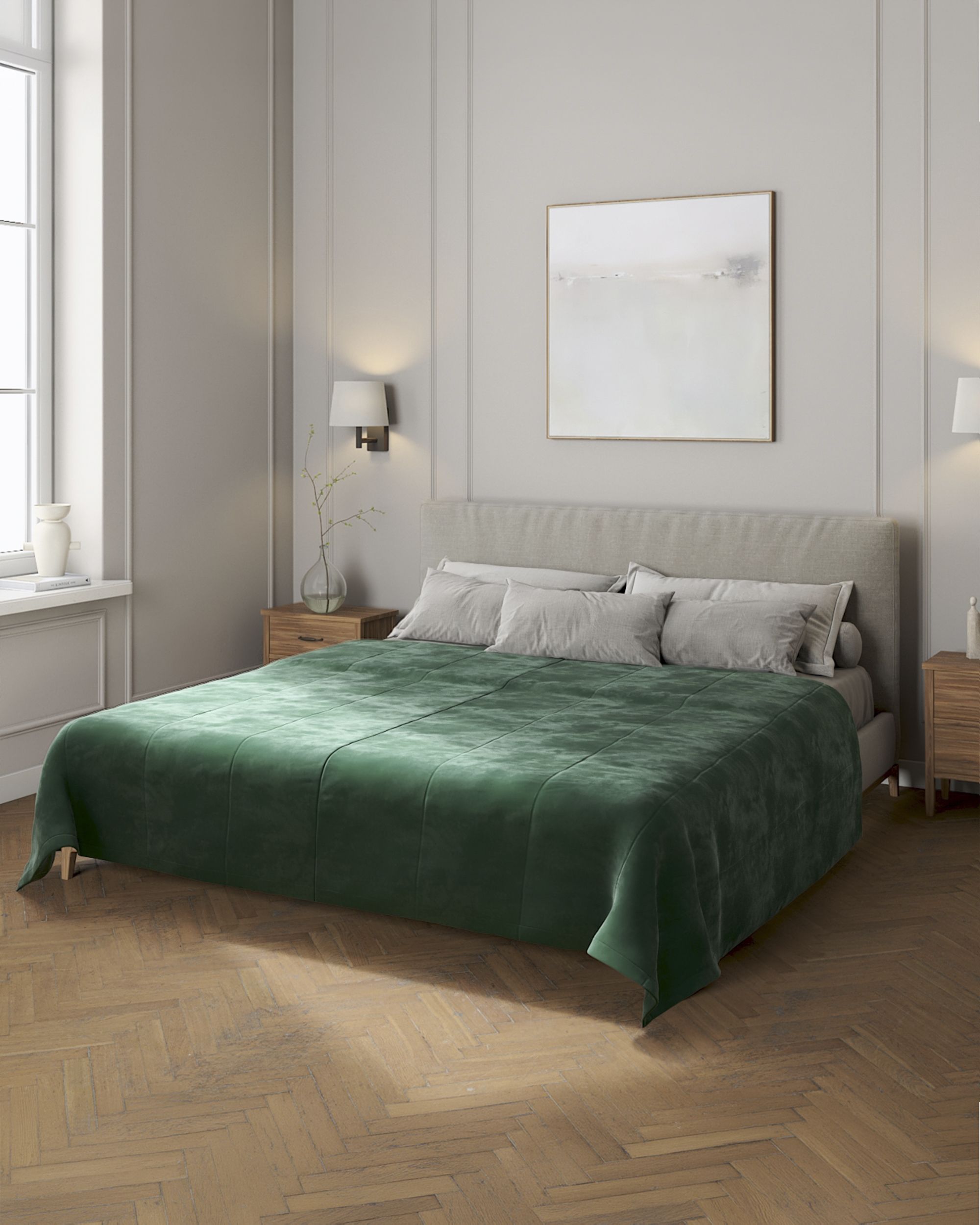 Sengetæppe quiltet<br/>i 25cm striber i velour farve grøn stof blank, velour