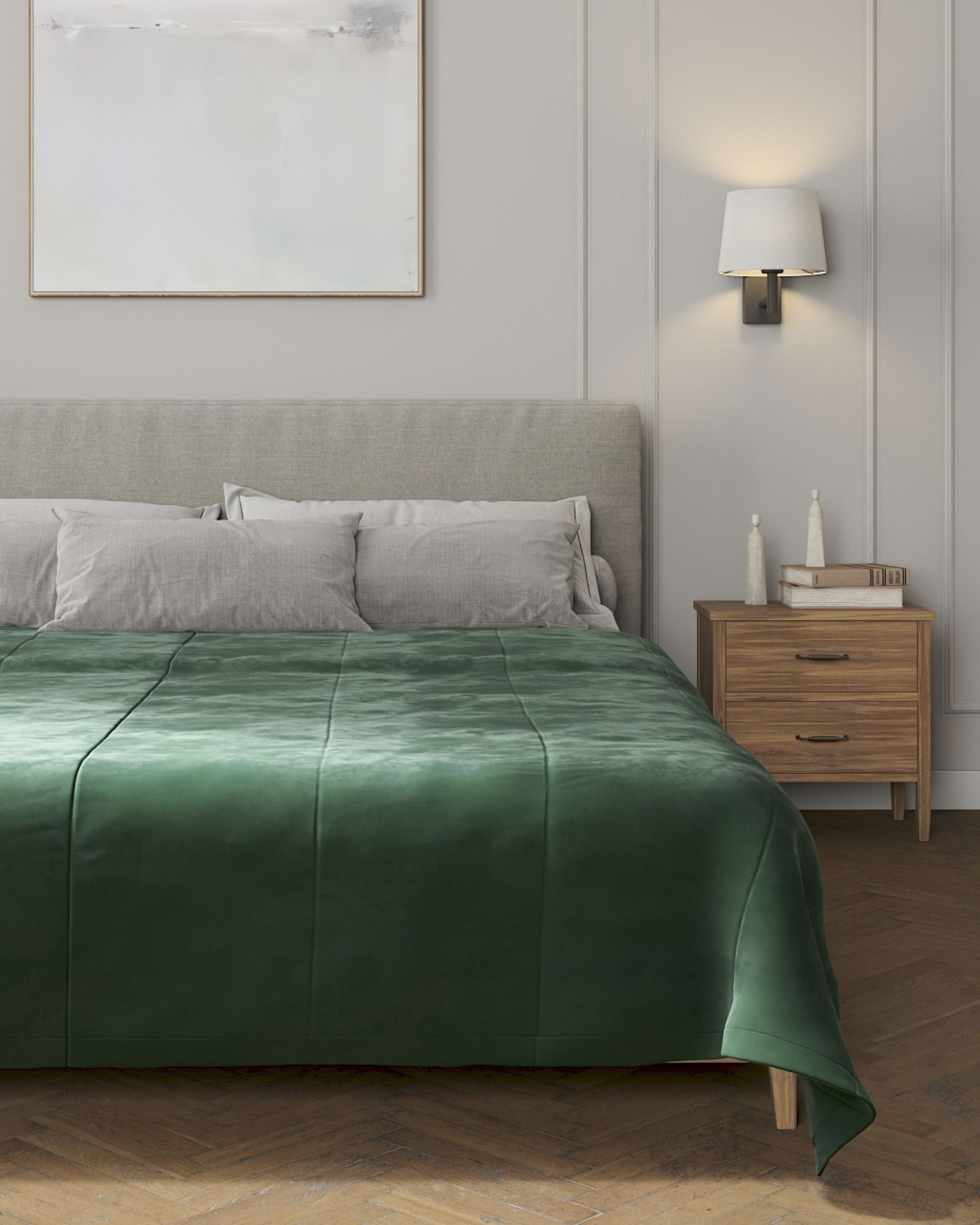 Sengetæppe quiltet<br/>i 25cm striber i velour farve grøn stof blank, velour (hover)
