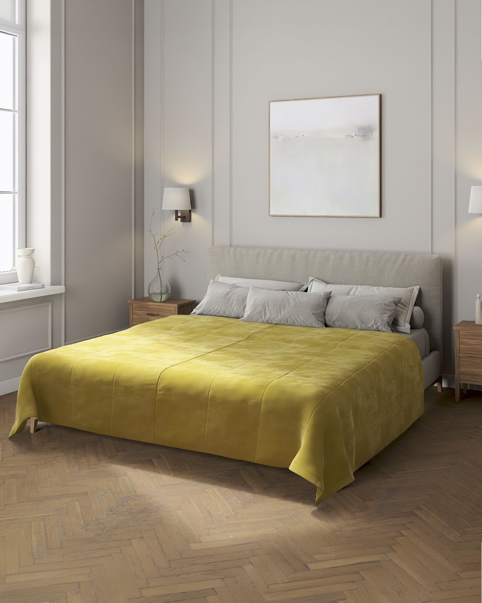 Sengetæppe quiltet<br/>i 25cm striber i velour farve grøn stof blank, velour