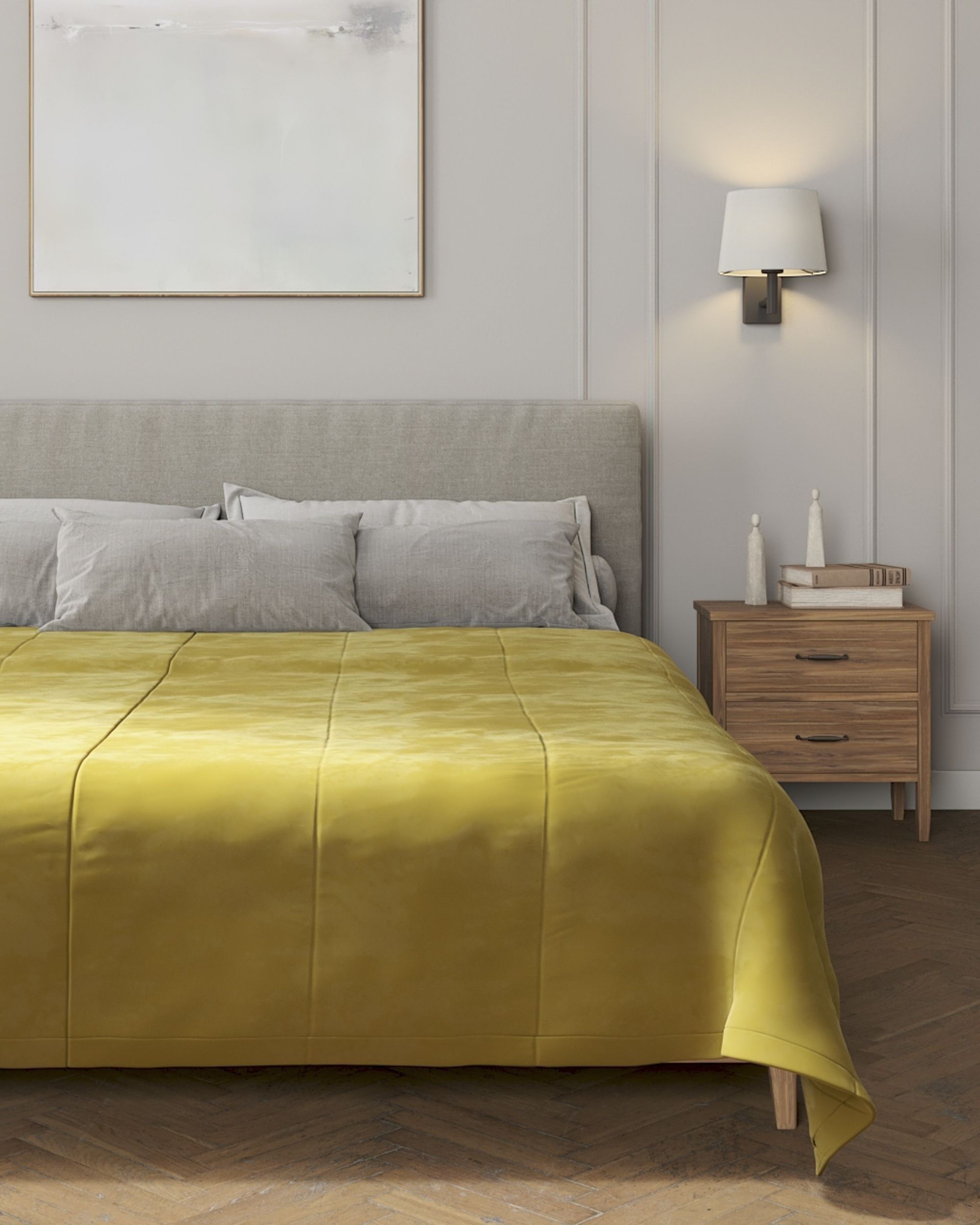 Sengetæppe quiltet<br/>i 25cm striber i velour farve grøn stof blank, velour (hover)