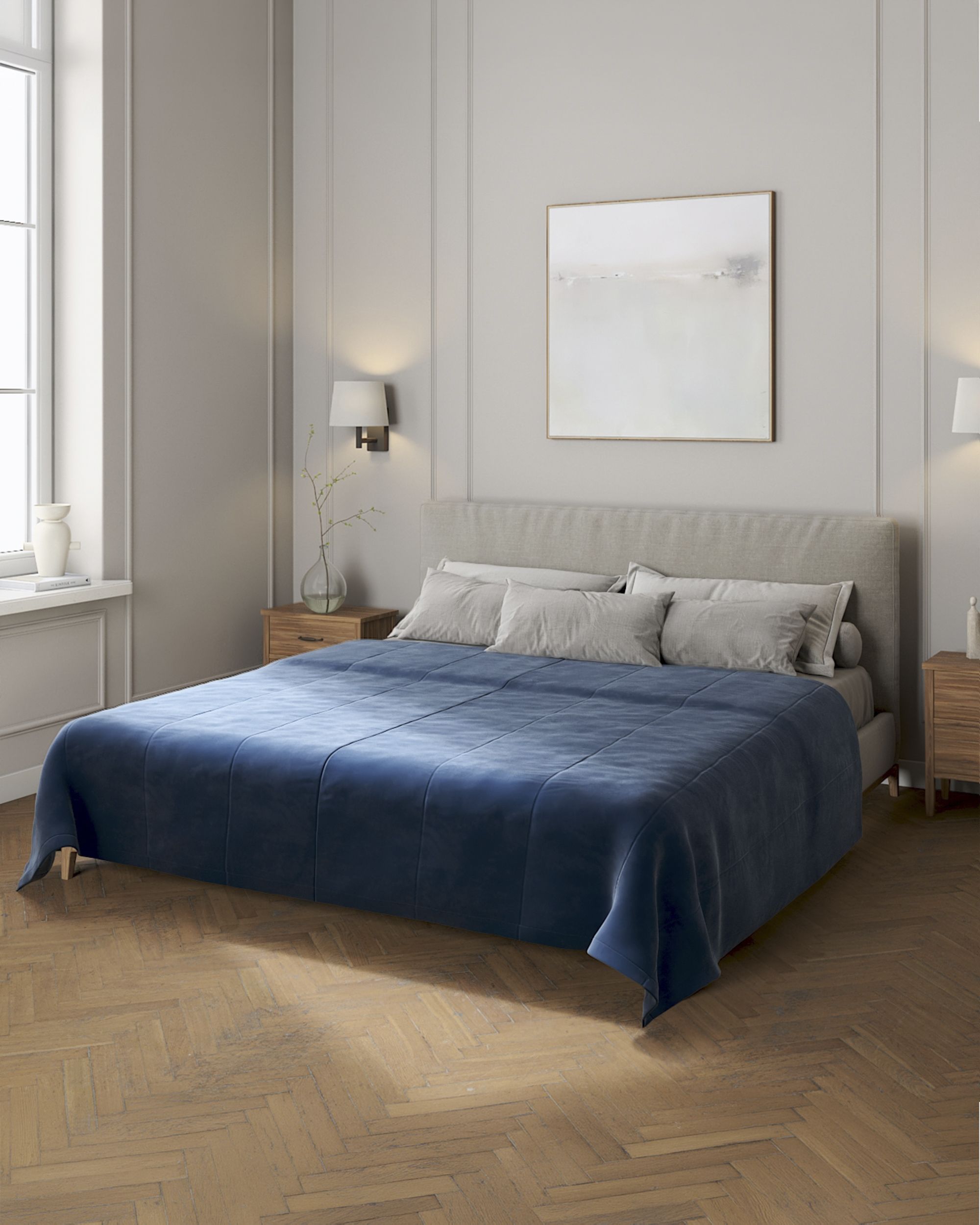 Sengetæppe quiltet<br/>i 25cm striber i velour farve marineblå stof blank, velour