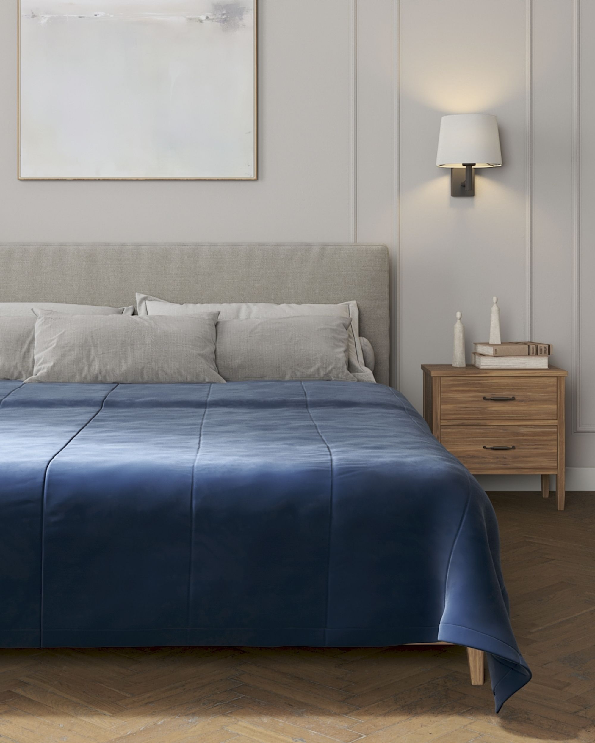 Sengetæppe quiltet<br/>i 25cm striber i velour farve marineblå stof blank, velour (hover)