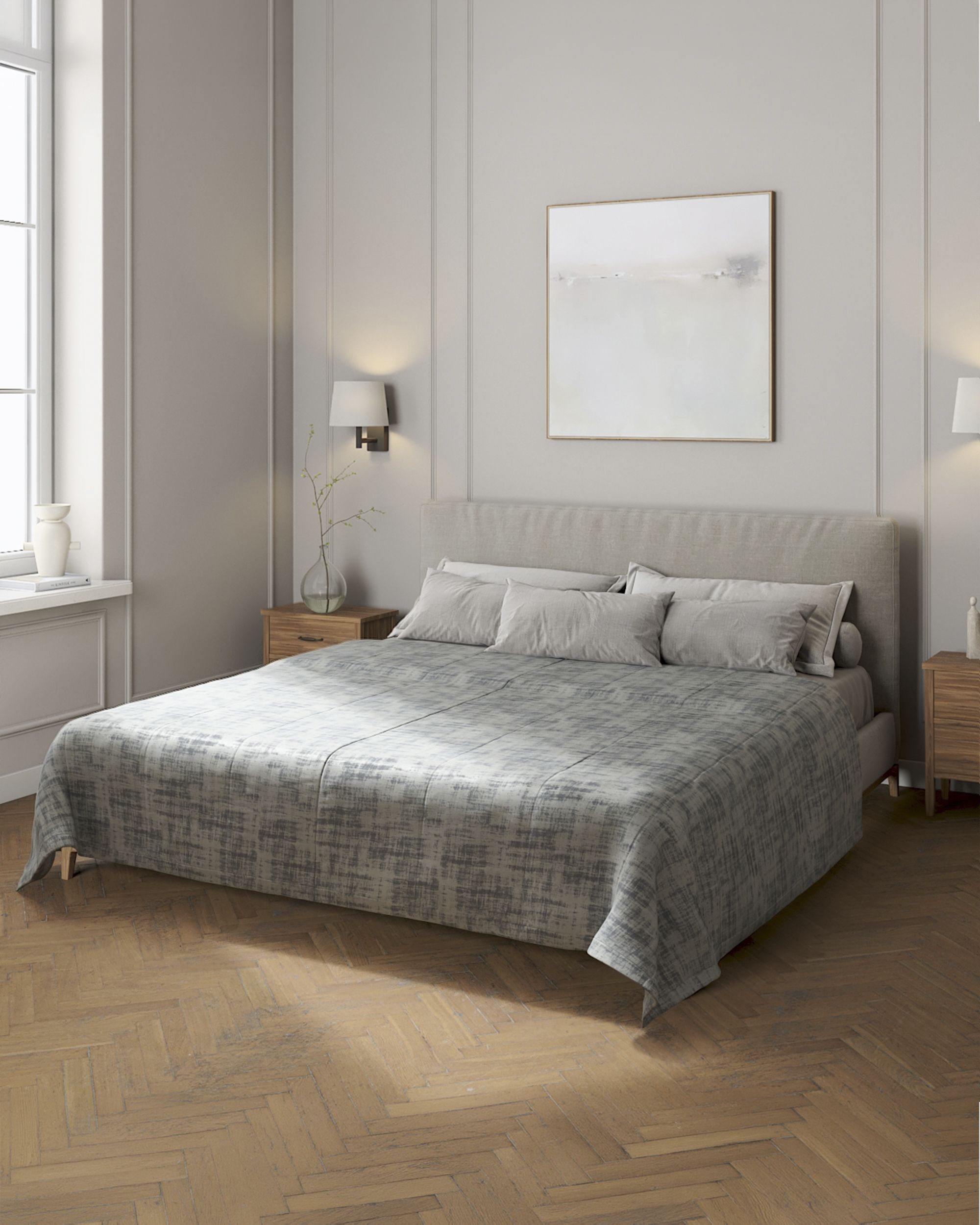 Sengetæppe quiltet<br/>i 25cm striber i velour farve grå stof blank, velour