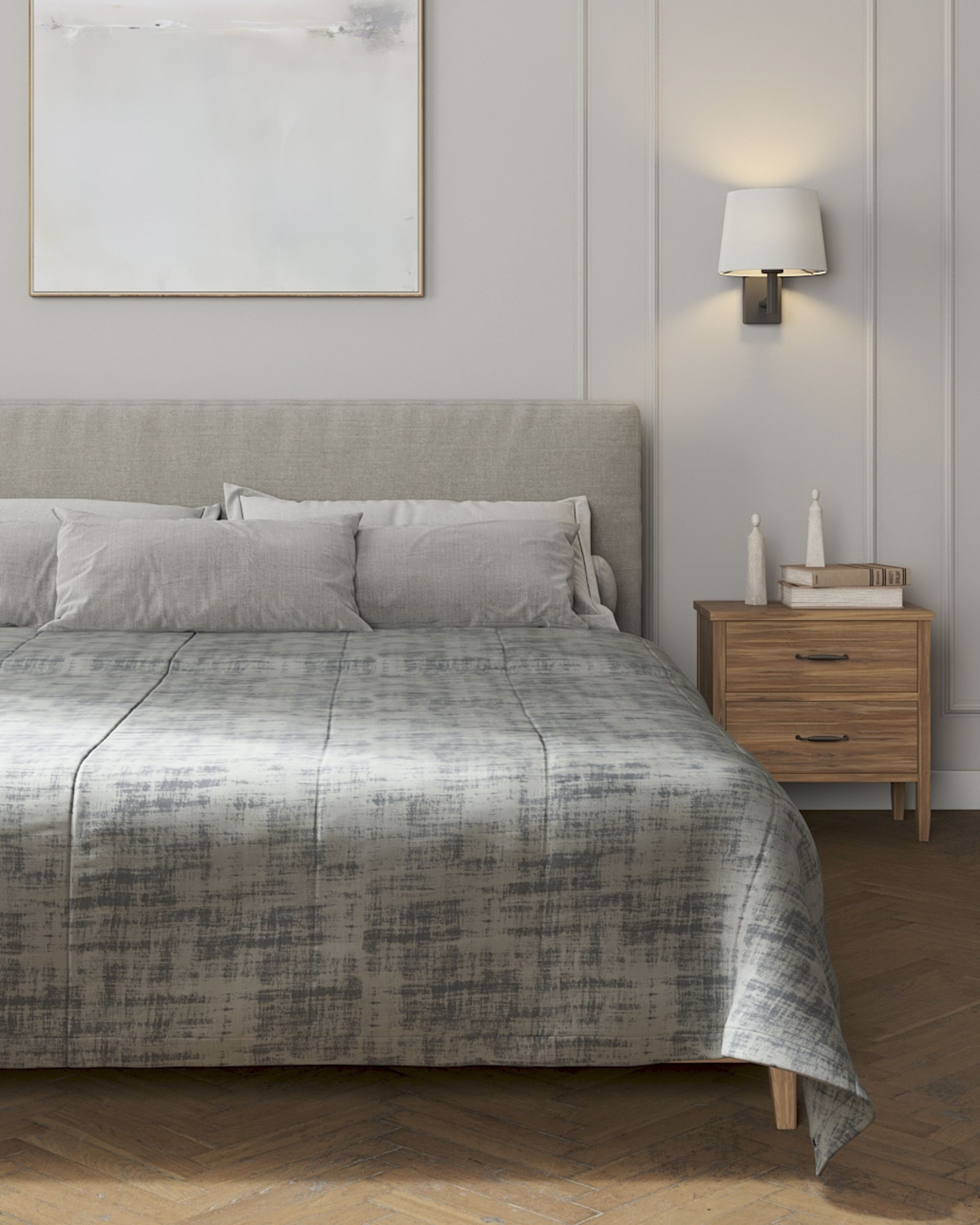Sengetæppe quiltet<br/>i 25cm striber i velour farve grå stof blank, velour (hover)
