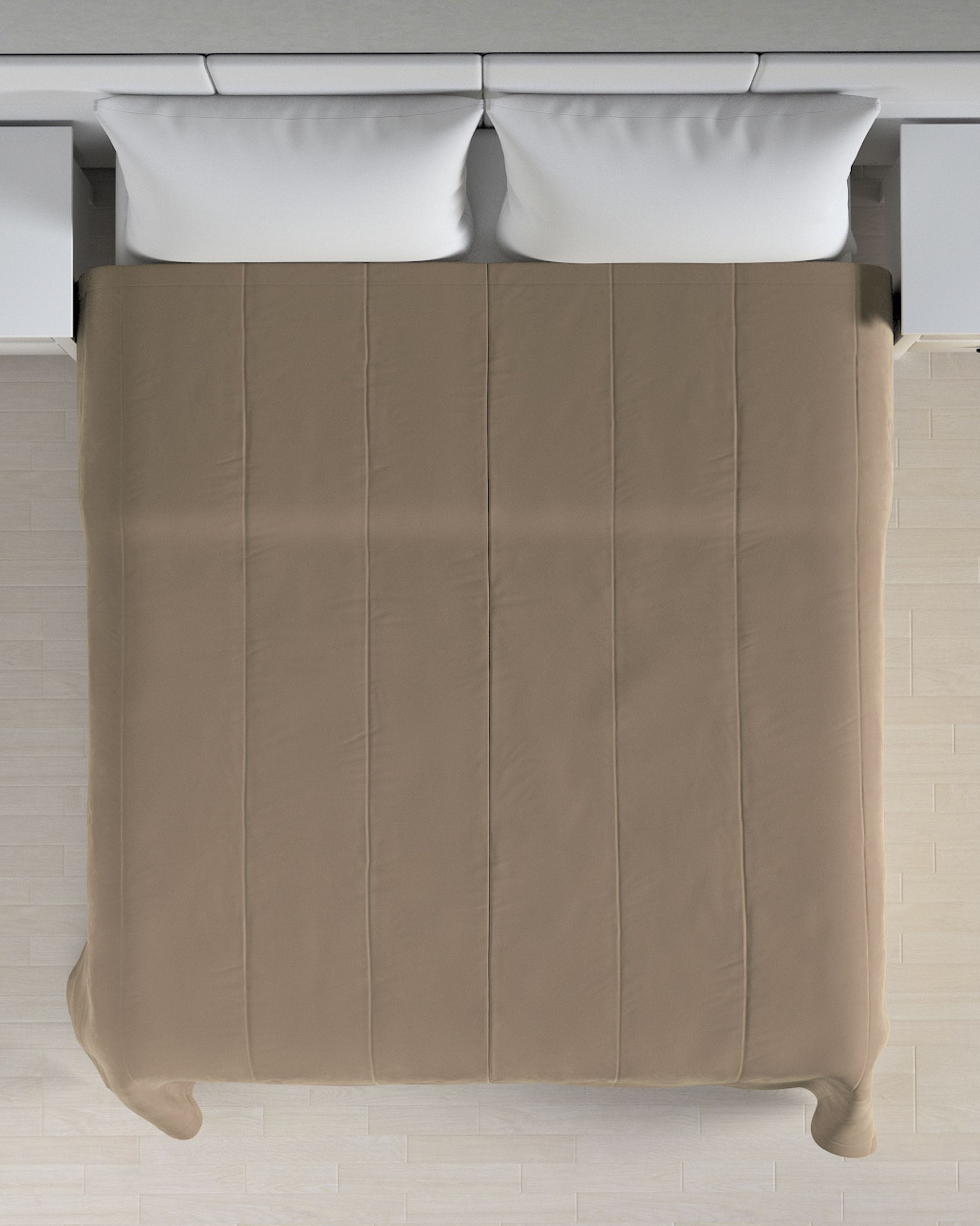 Sengetæppe quiltet<br/>i 25cm striber i velour farve beige stof blank, velour (hover)