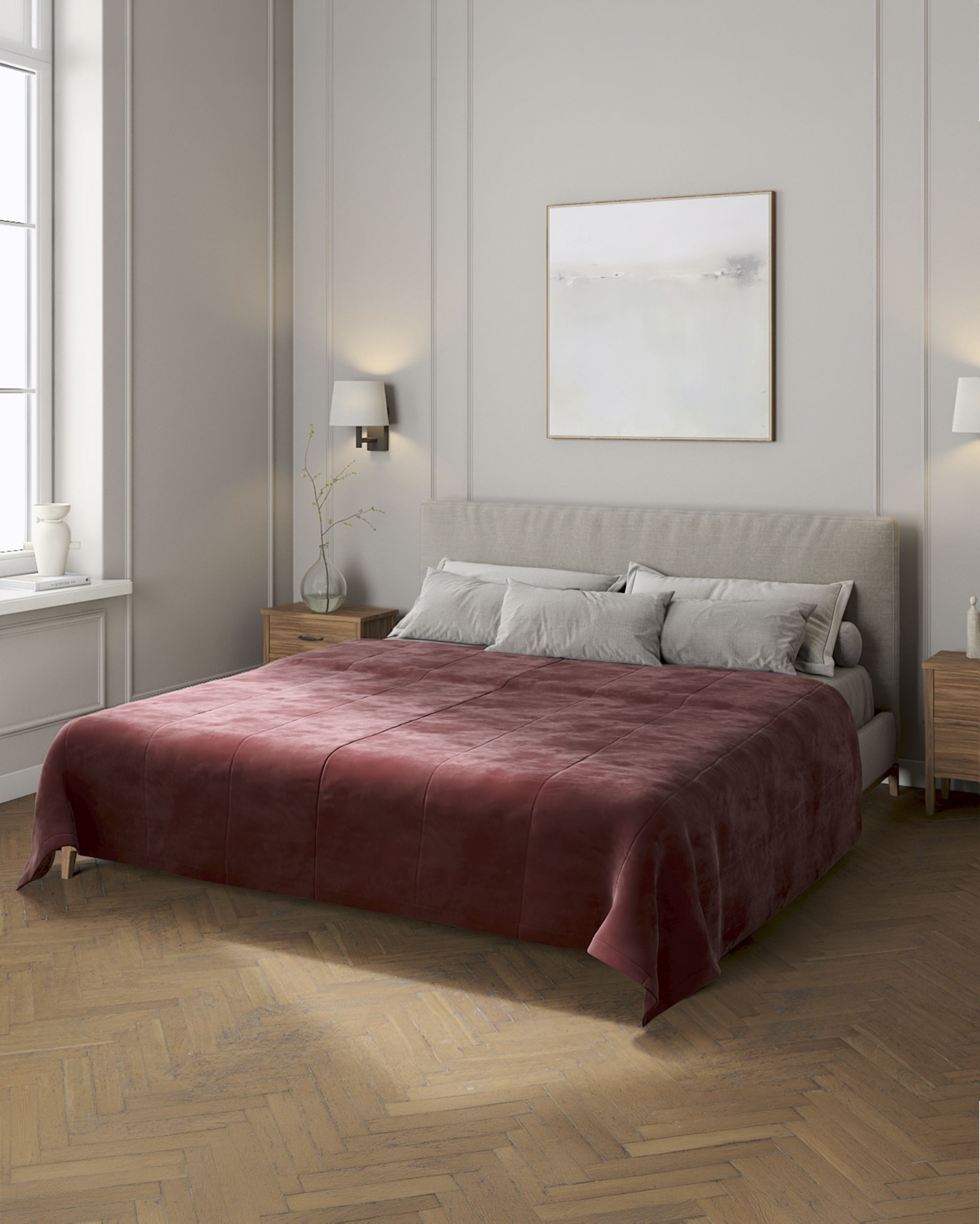 Sengetæppe quiltet<br/>i 25cm striber i velour farve rød stof blank, velour