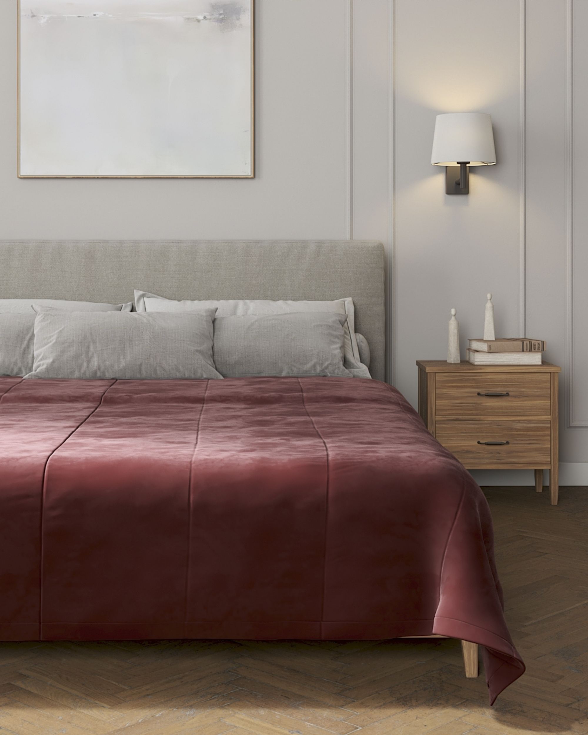 Sengetæppe quiltet<br/>i 25cm striber i velour farve rød stof blank, velour (hover)