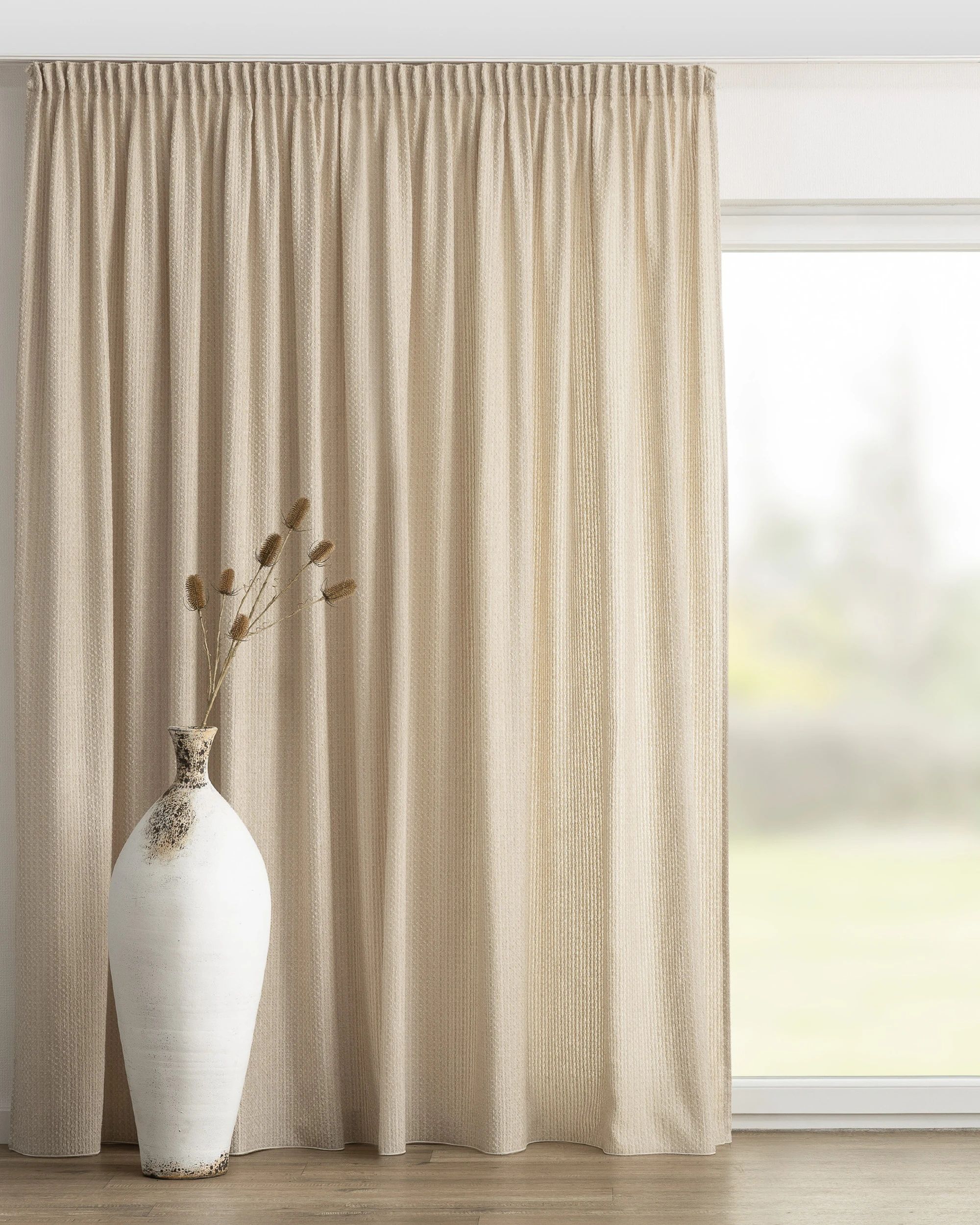 Gardin med rynkebånd 1 stk. farve beige stof grov