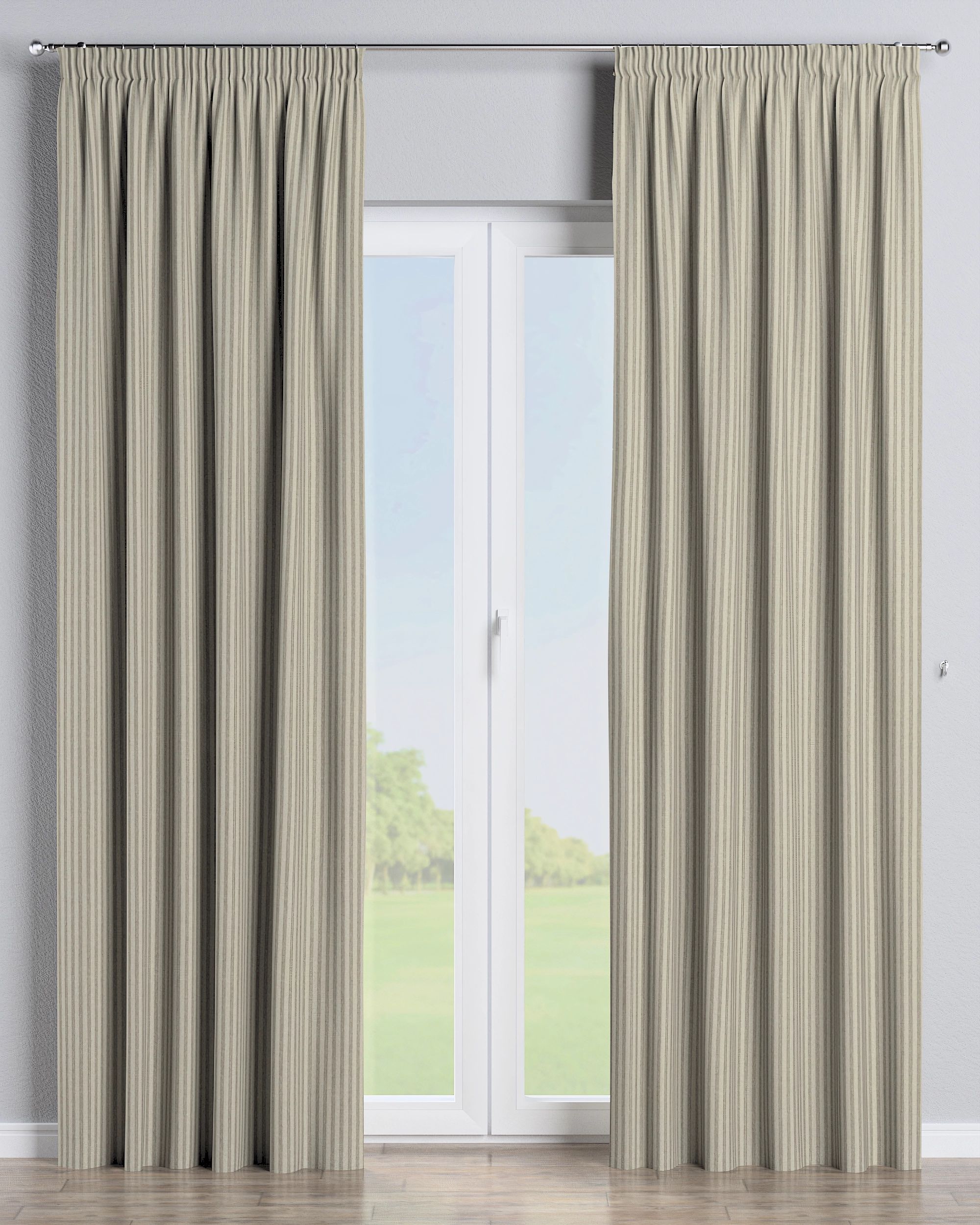 Gardin med rynkebånd 1 stk. farve beige stof outdoor, grov, mønstret