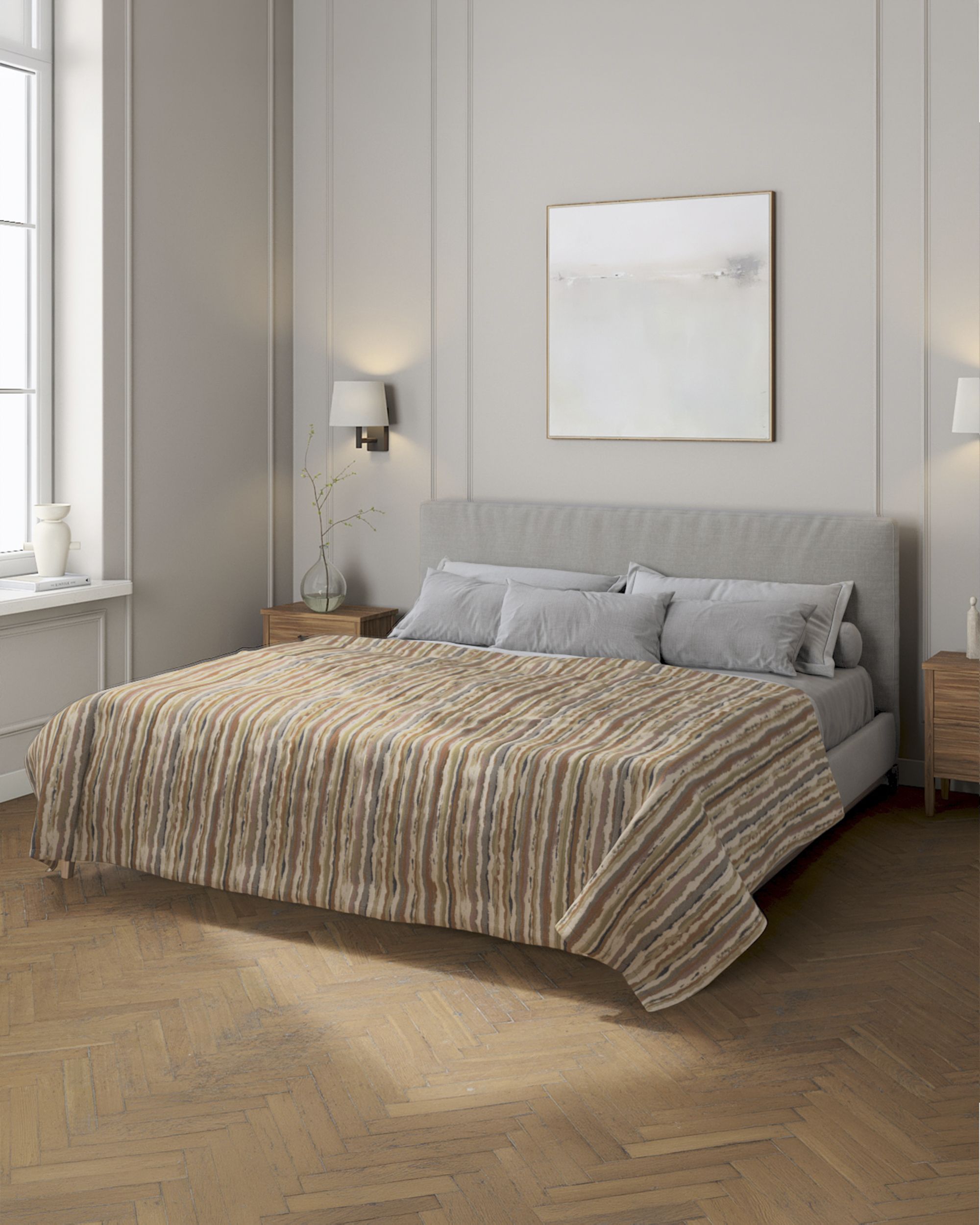 Sengetæppe quiltet<br/>10cm striber farve beige stof grov, mønstret