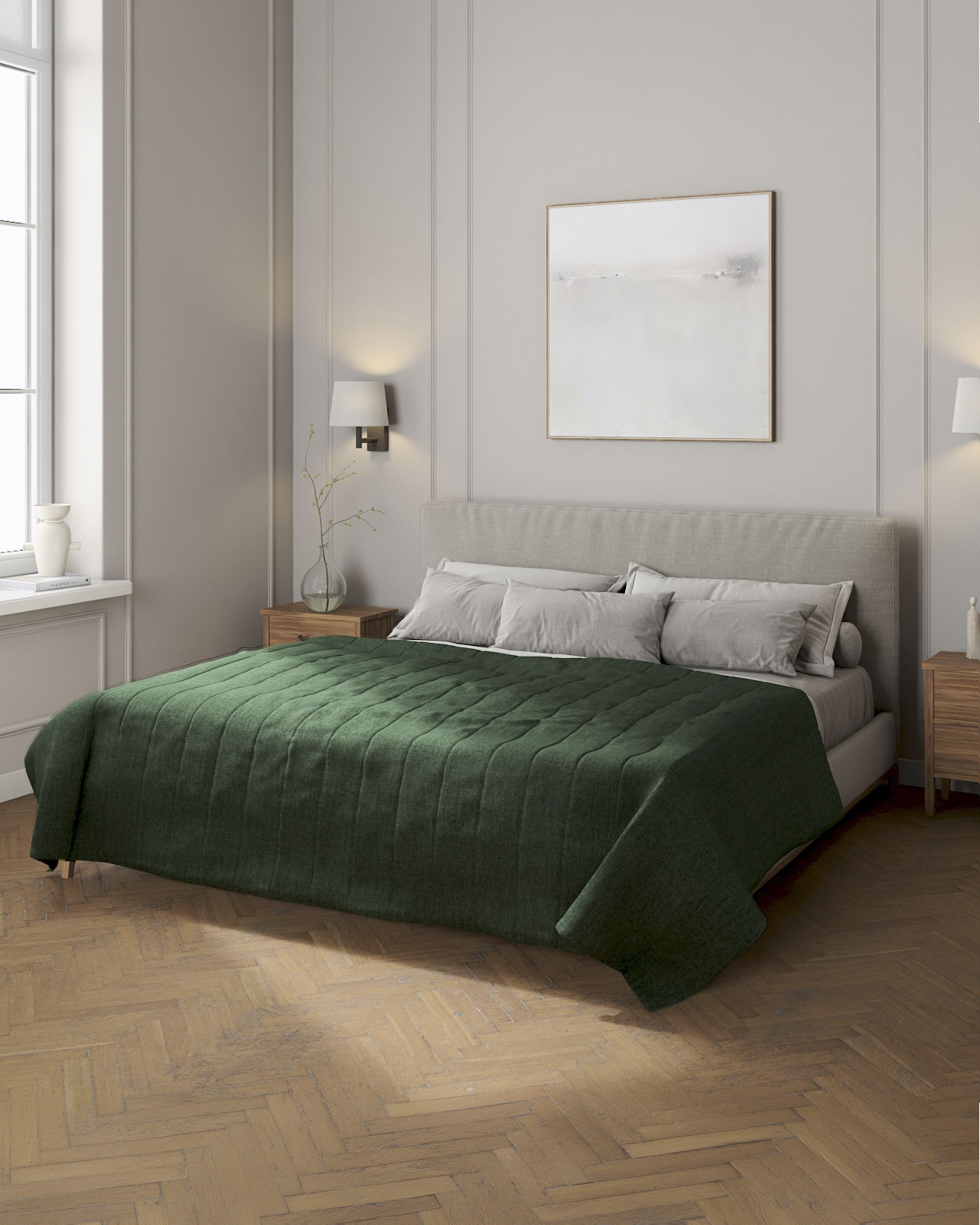 Sengetæppe quiltet<br/>10cm striber farve grøn stof grov