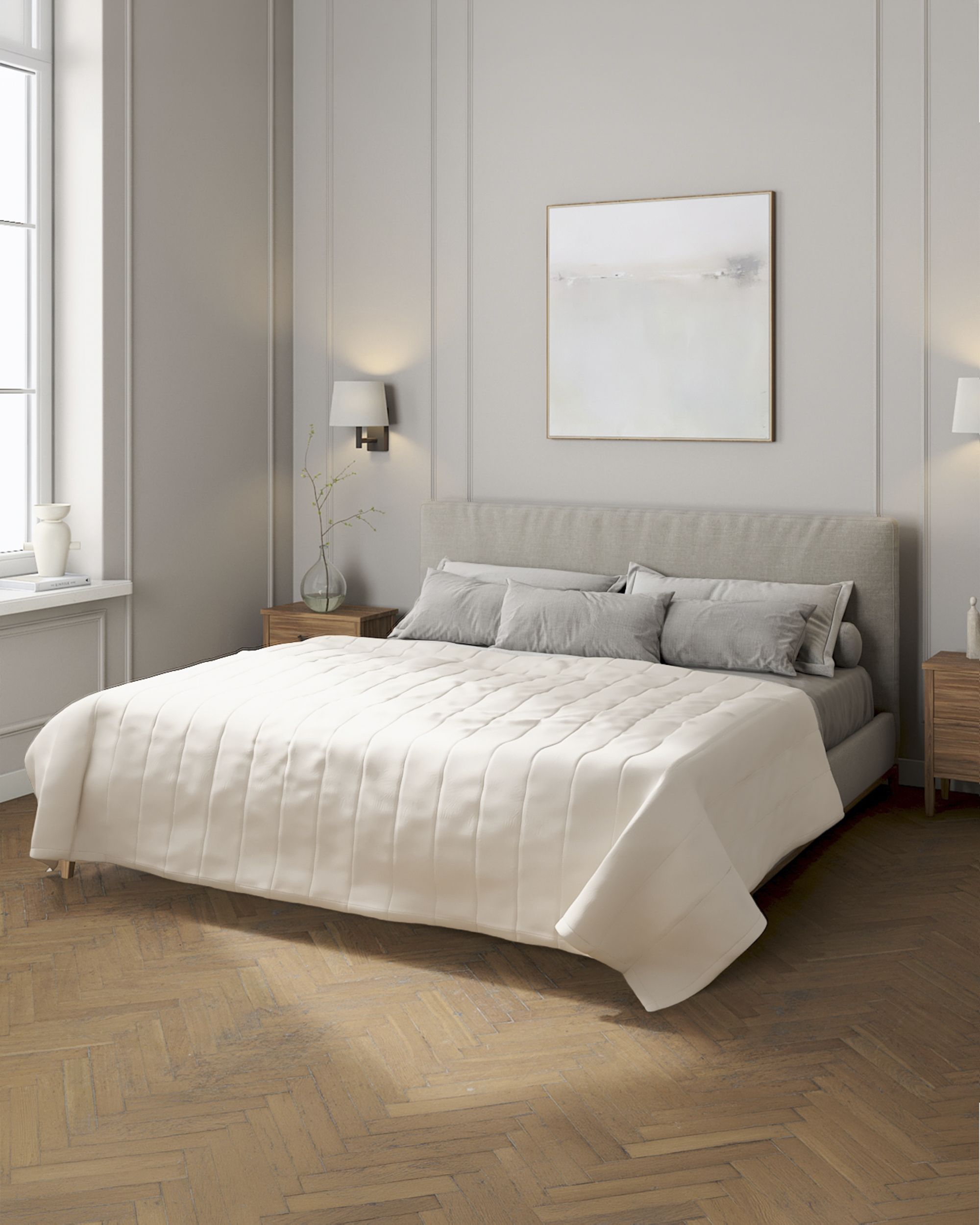Sengetæppe quiltet<br/>10cm striber farve beige stof grov
