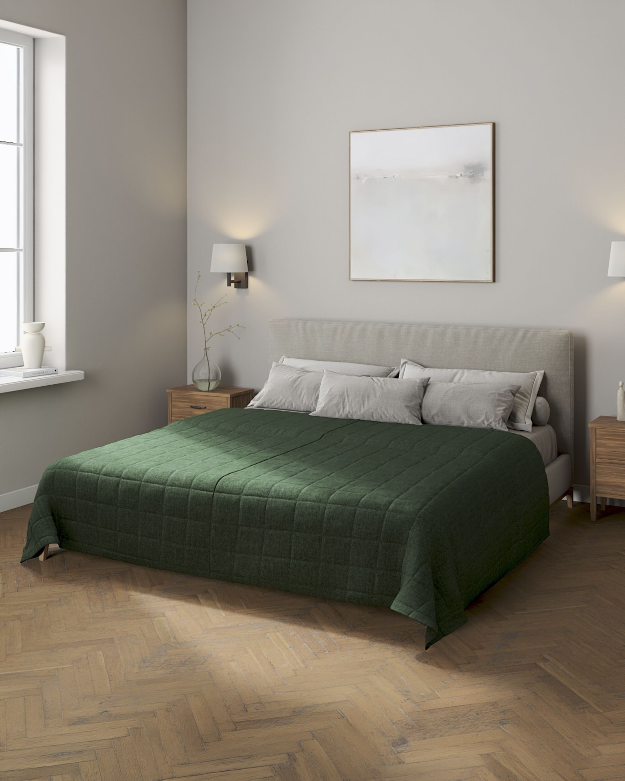 Sengetæppe quiltet<br/>10x10cm tern farve grøn stof grov