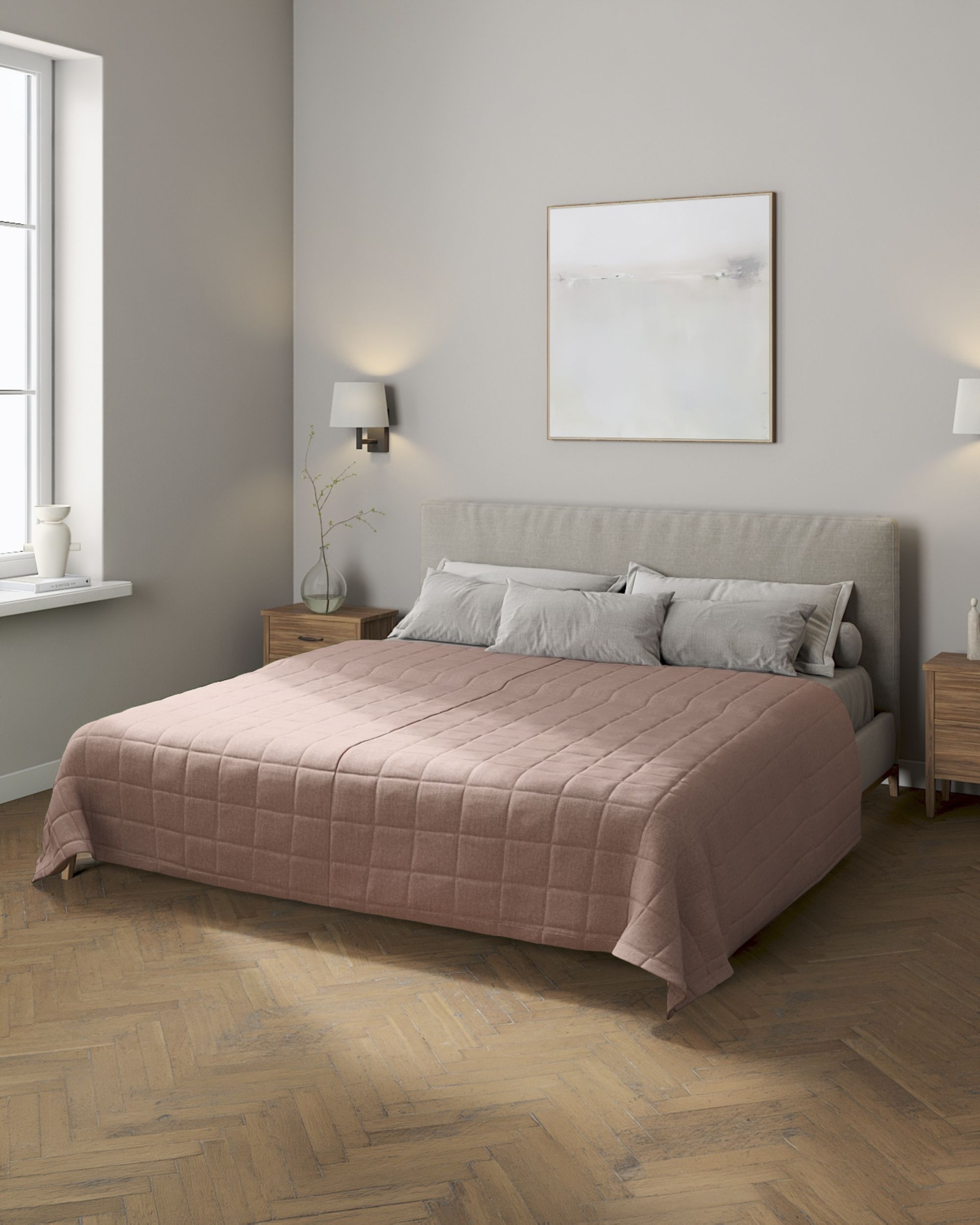 Sengetæppe quiltet<br/>10x10cm tern farve pink stof grov