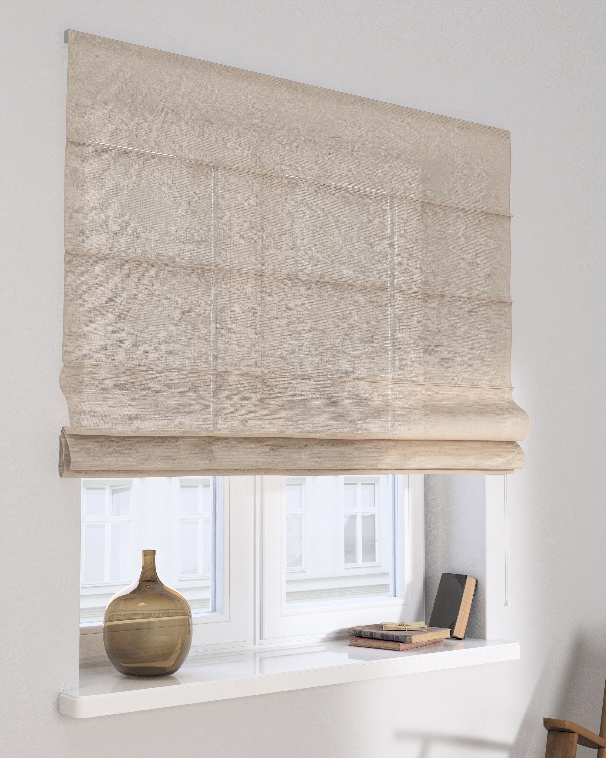 Foldegardin Capri farve beige stof lysgennemtrængende, grov