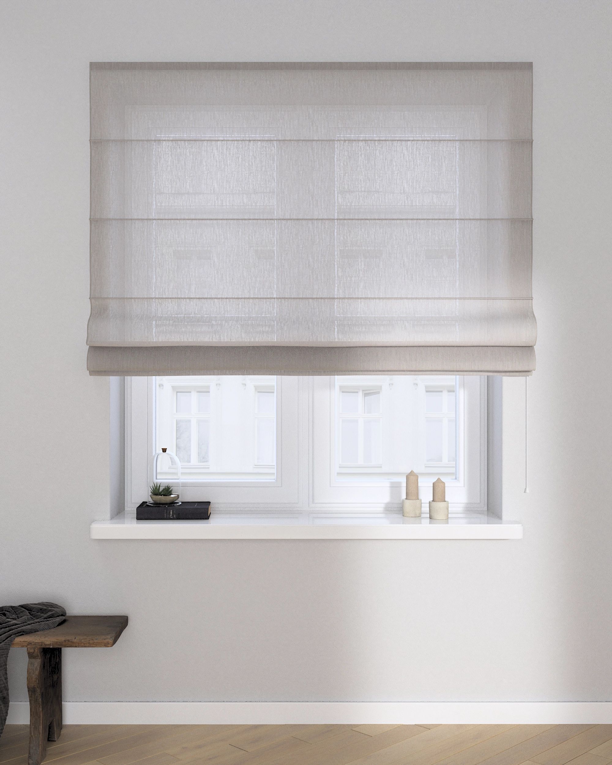 Foldegardin Capri farve beige stof lysgennemtrængende, grov