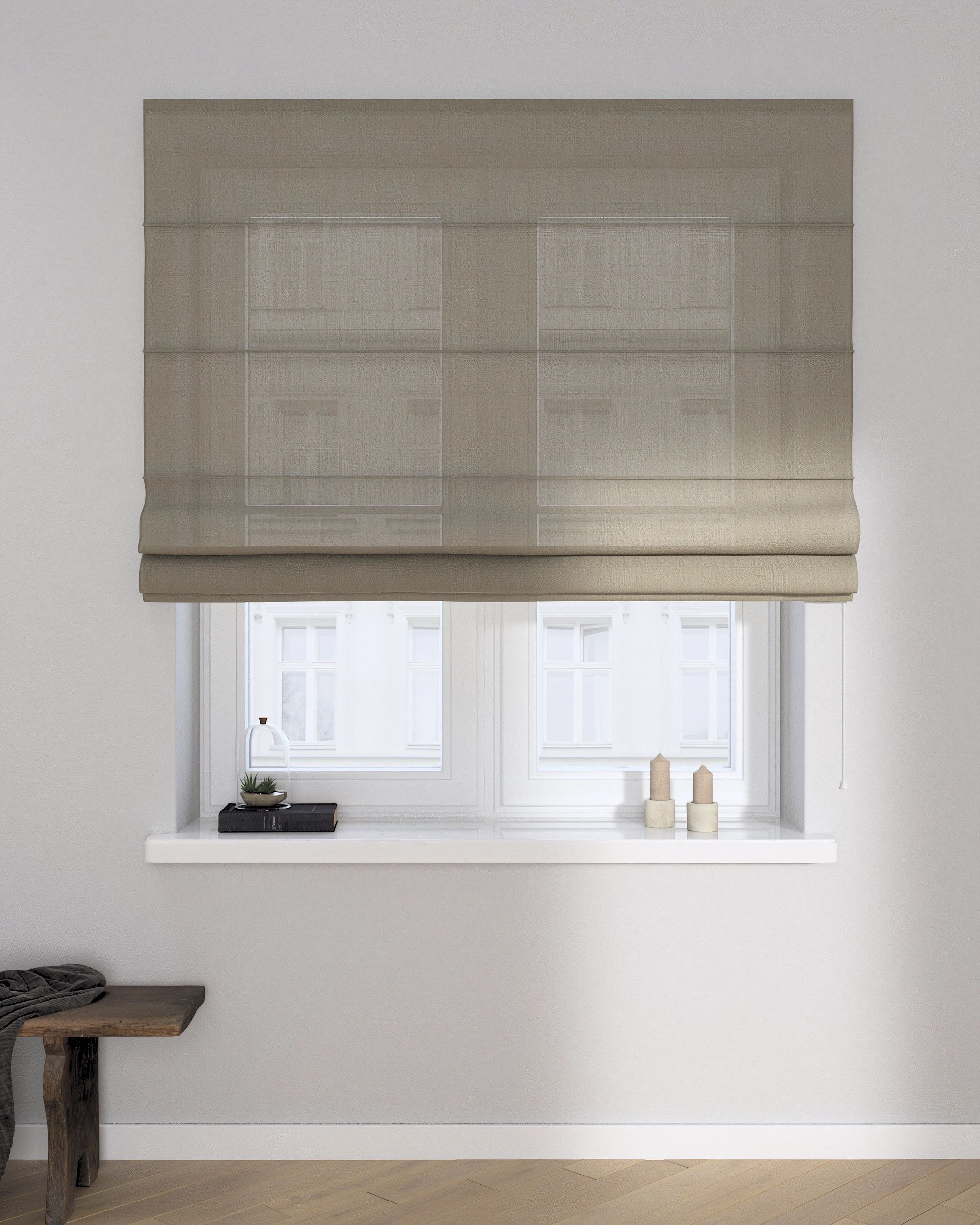 Foldegardin Capri farve beige stof lysgennemtrængende, blank, grov