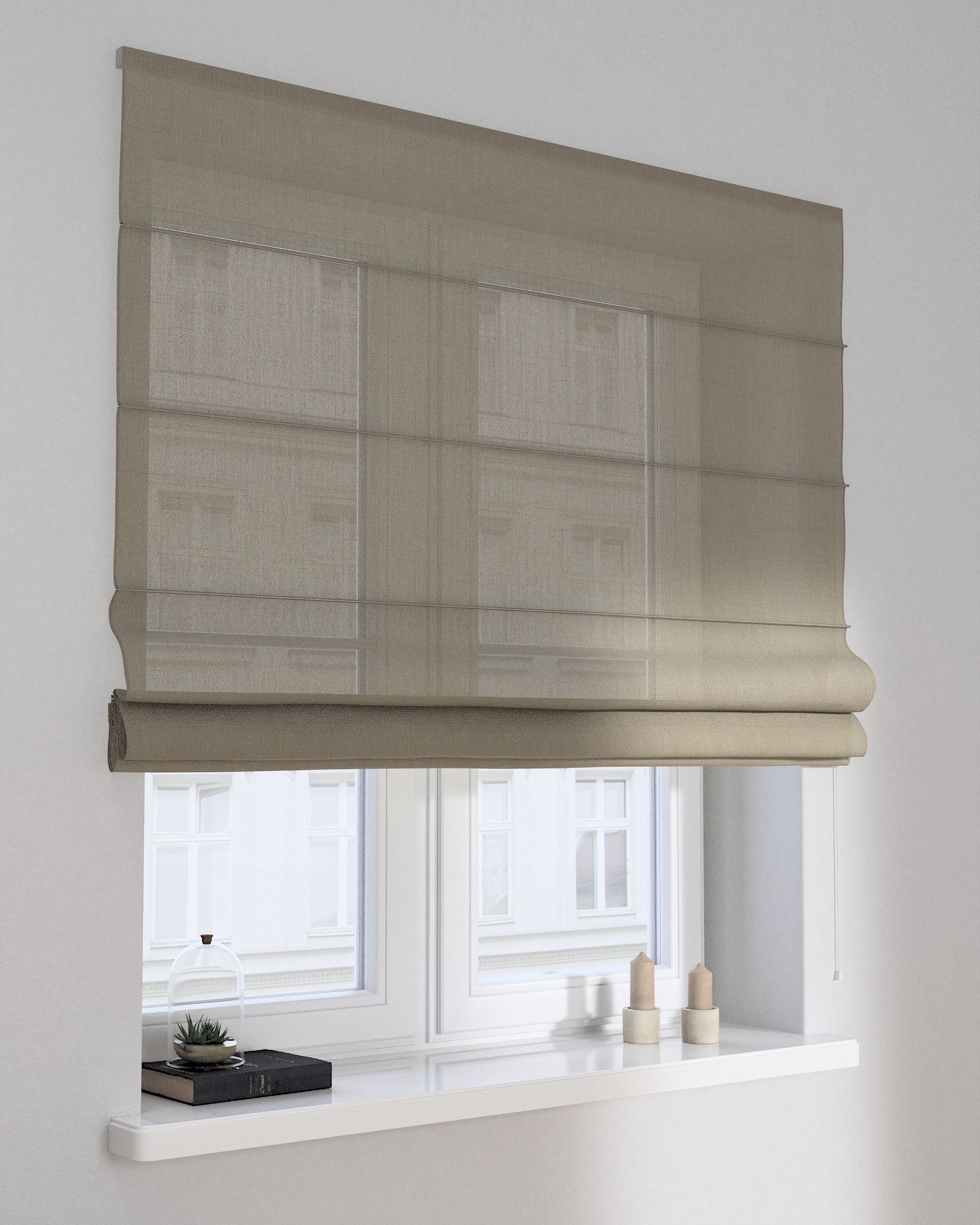 Foldegardin Capri farve beige stof lysgennemtrængende, blank, grov (hover)