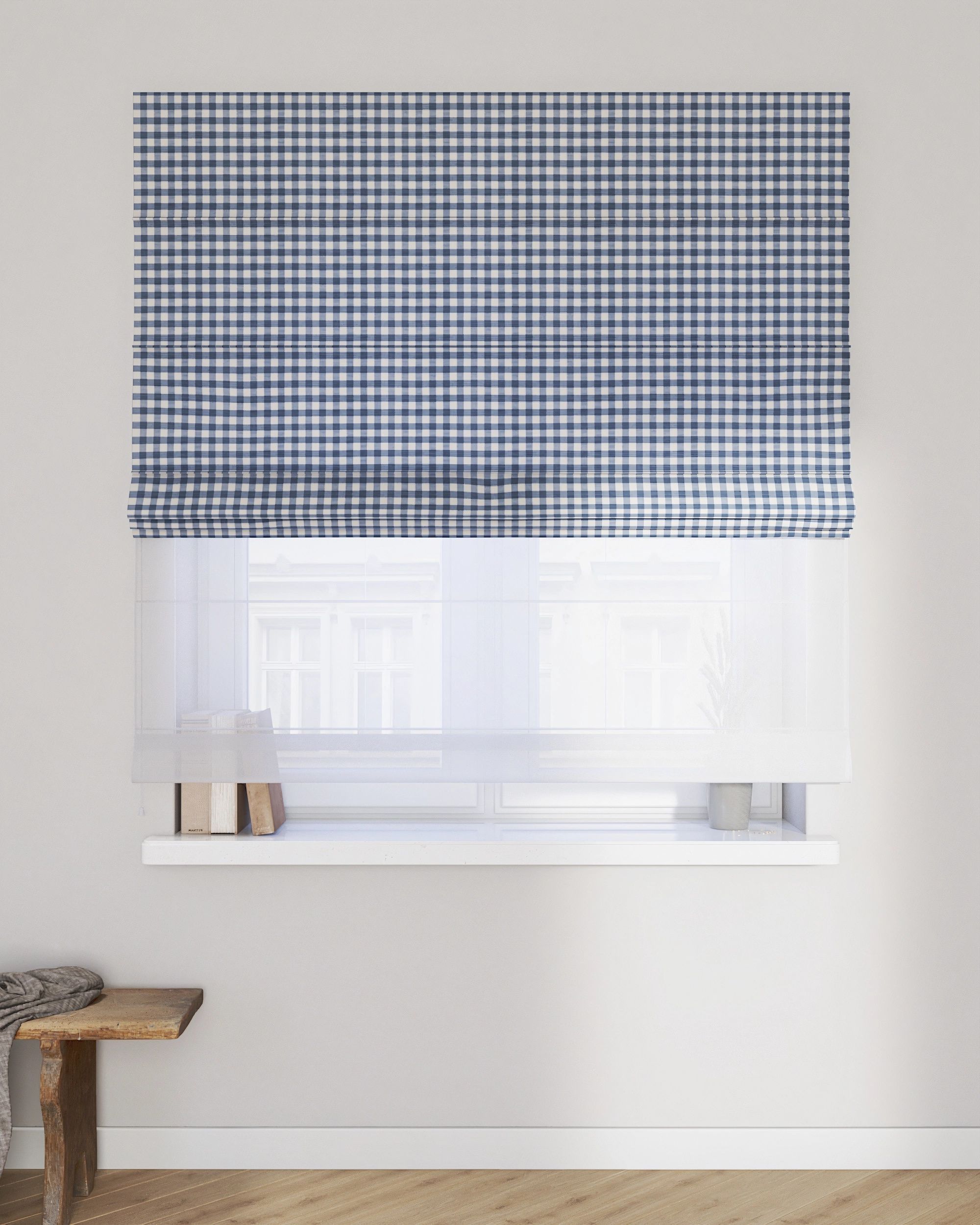 Foldegardin Duo med voile farve marineblå stof mønstret (hover)