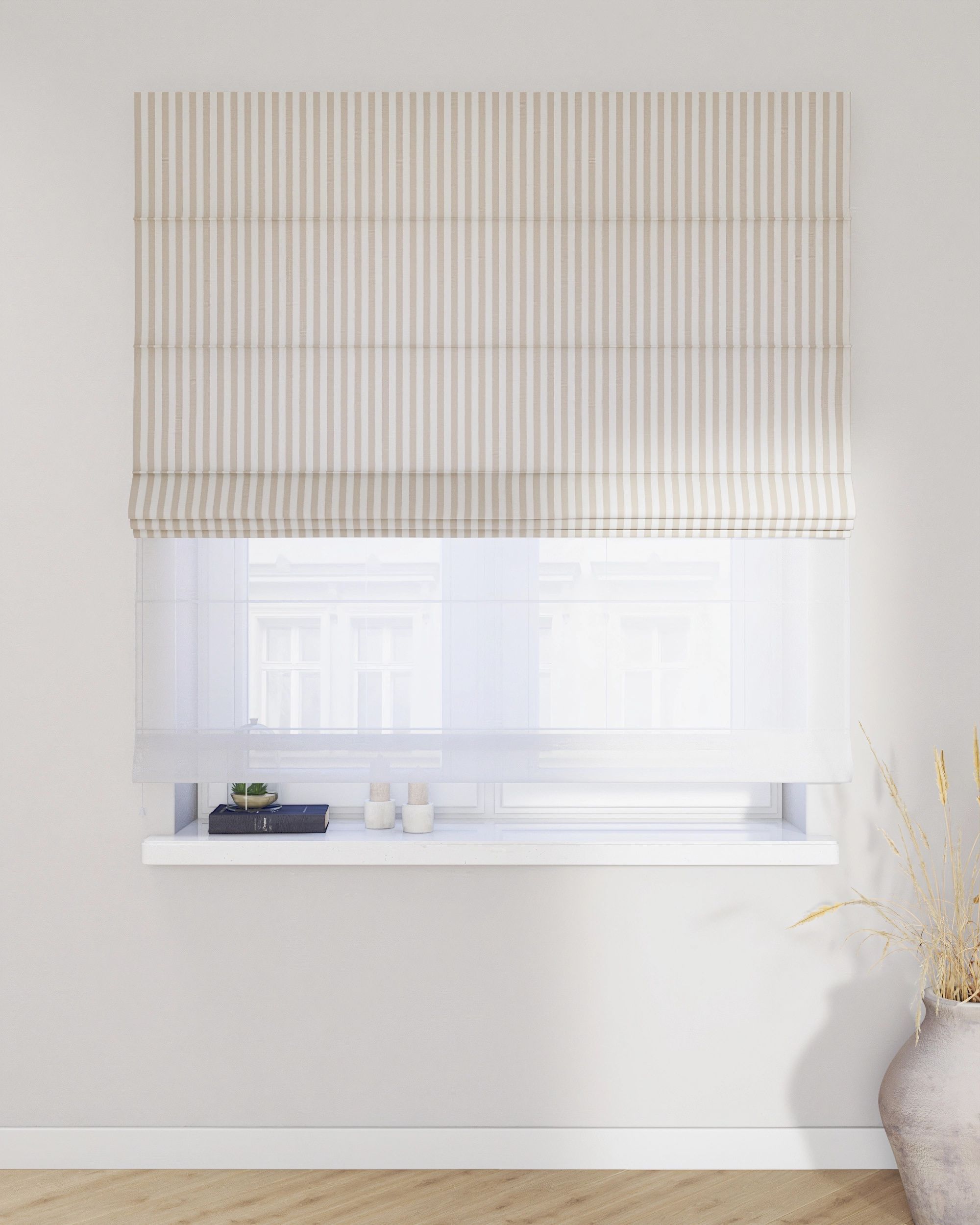 Foldegardin Duo med voile farve beige stof mønstret (hover)