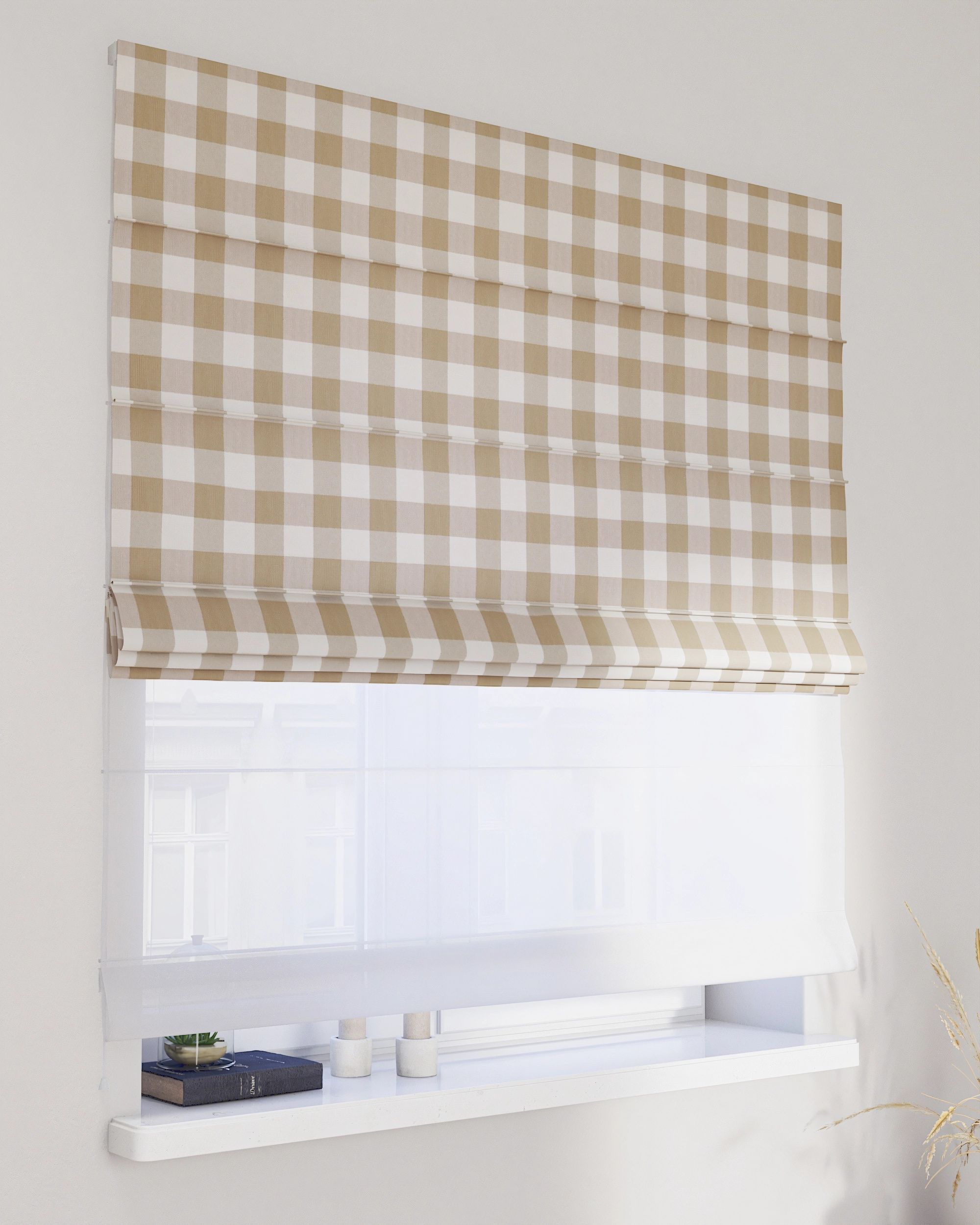 Foldegardin Duo med voile farve beige stof mønstret