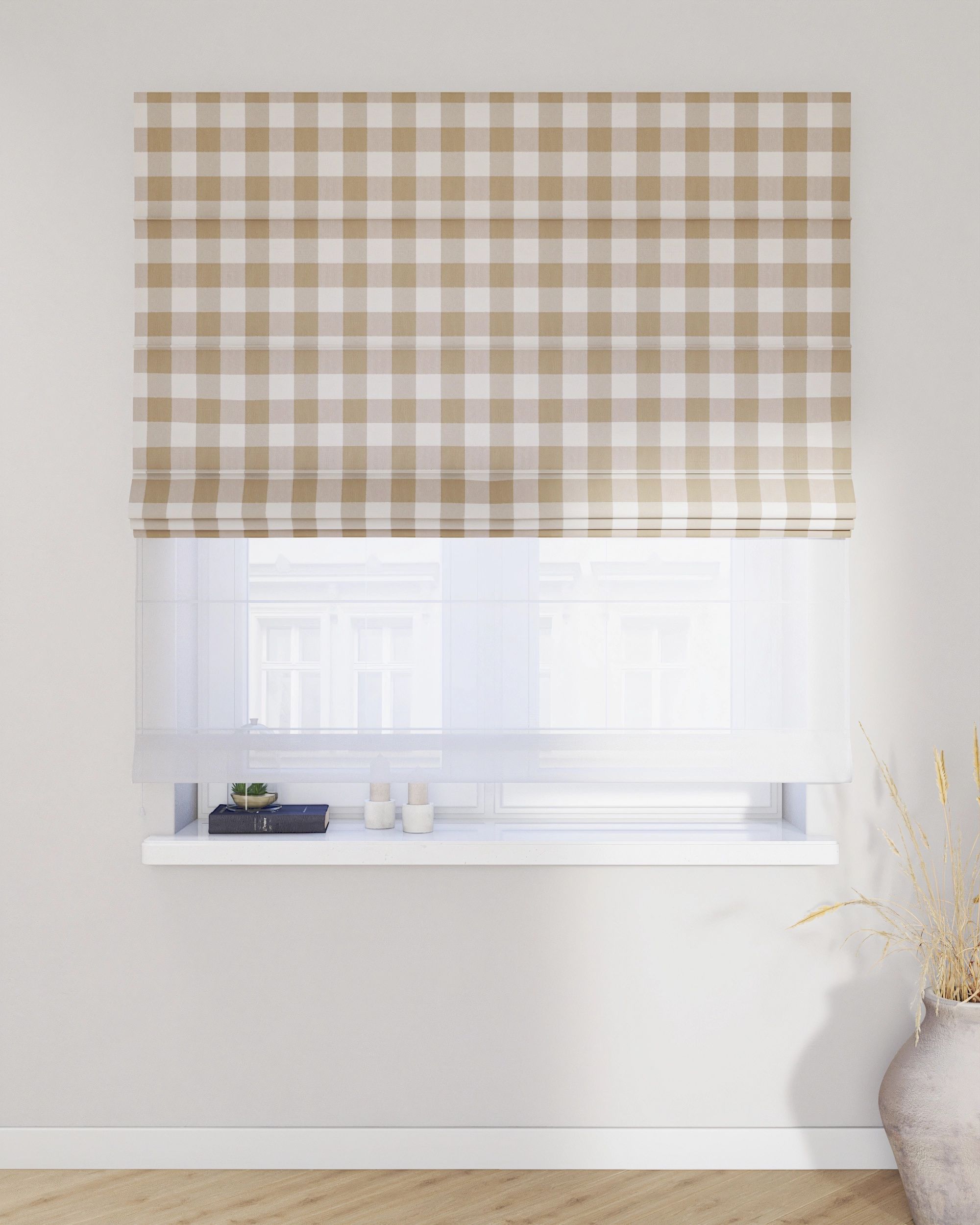 Foldegardin Duo med voile farve beige stof mønstret (hover)